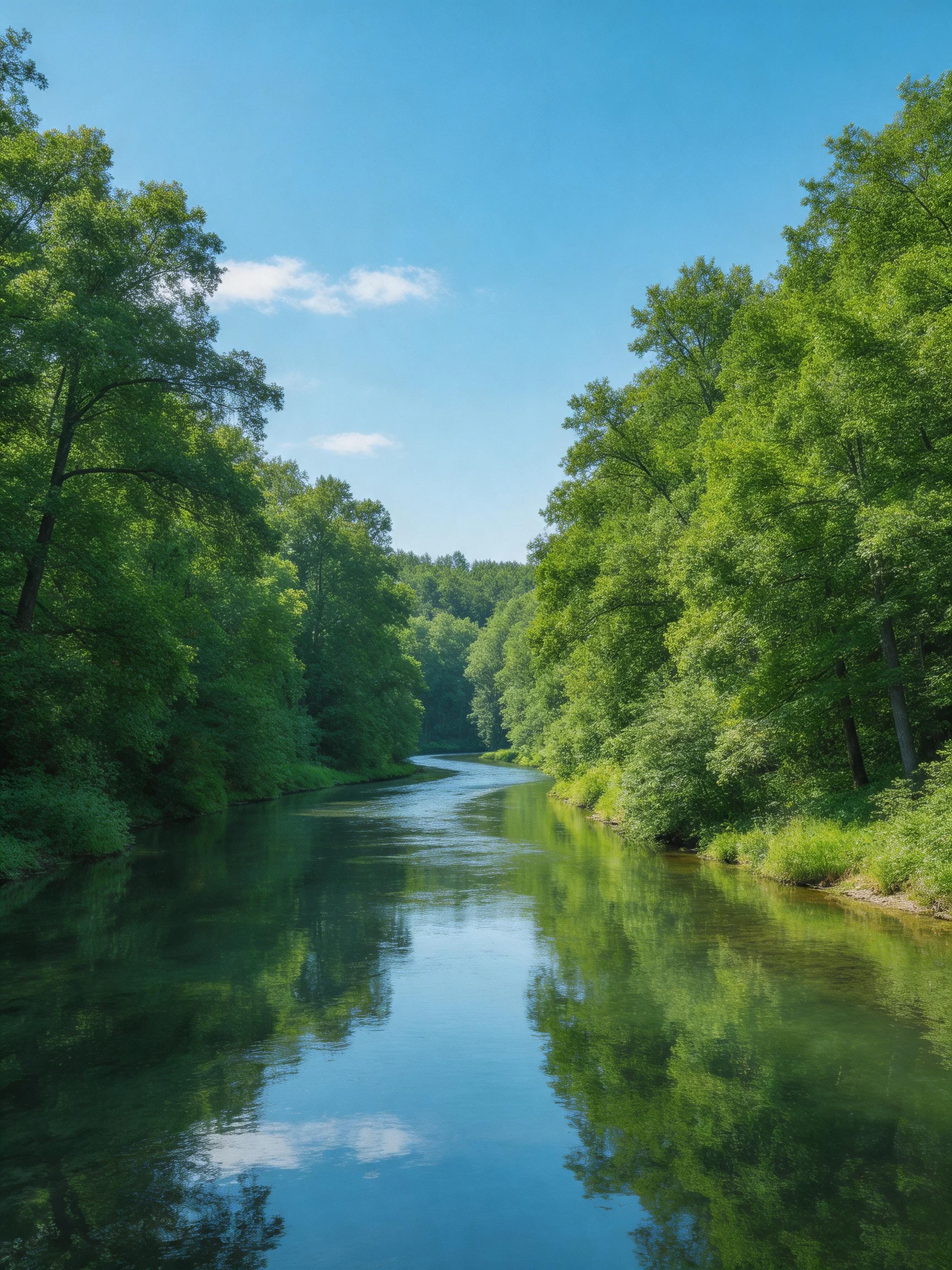 A serene river winds through dense green forests under a clear blue sky