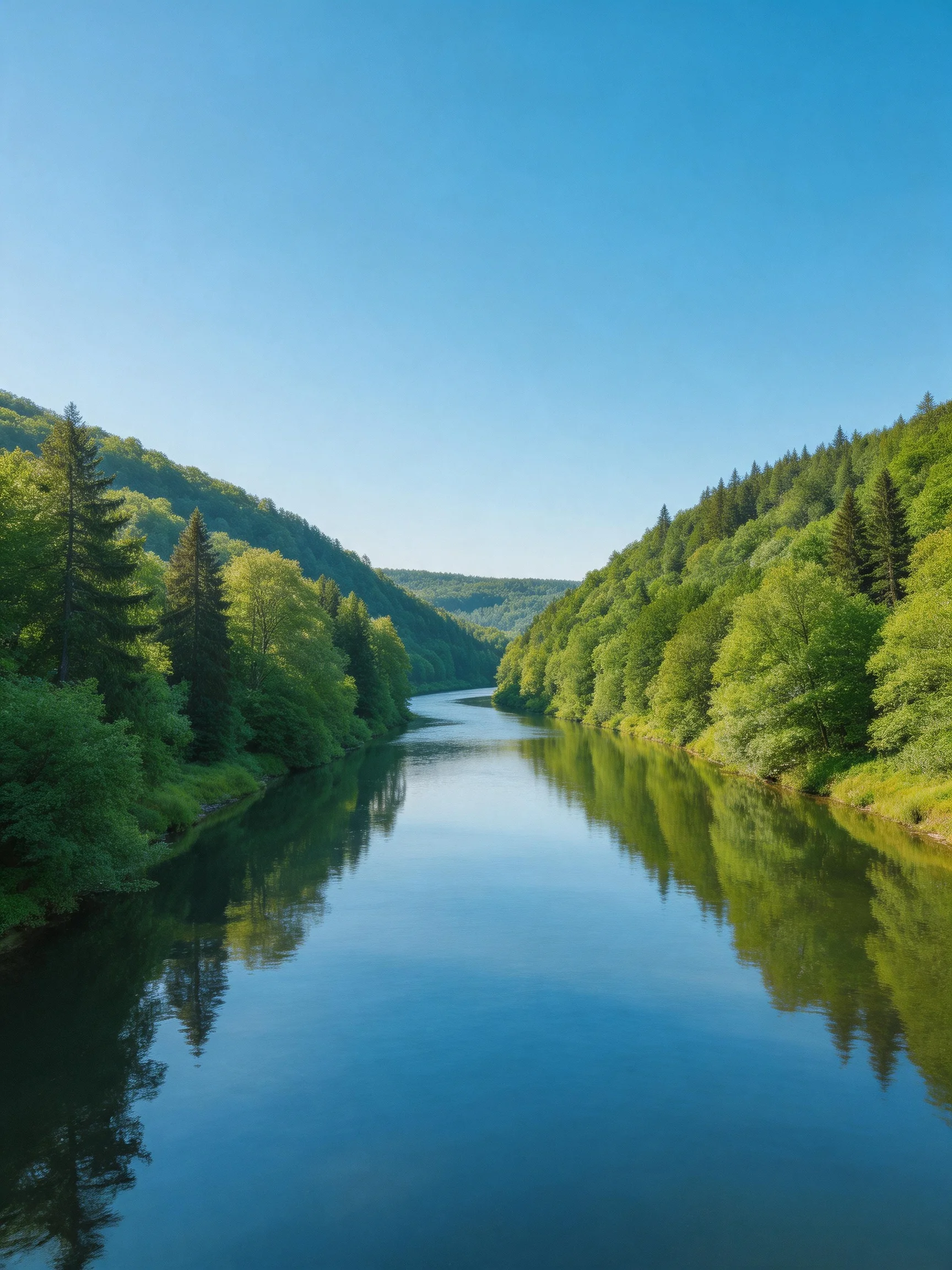 A serene river winds through dense green forests under a clear blue sky