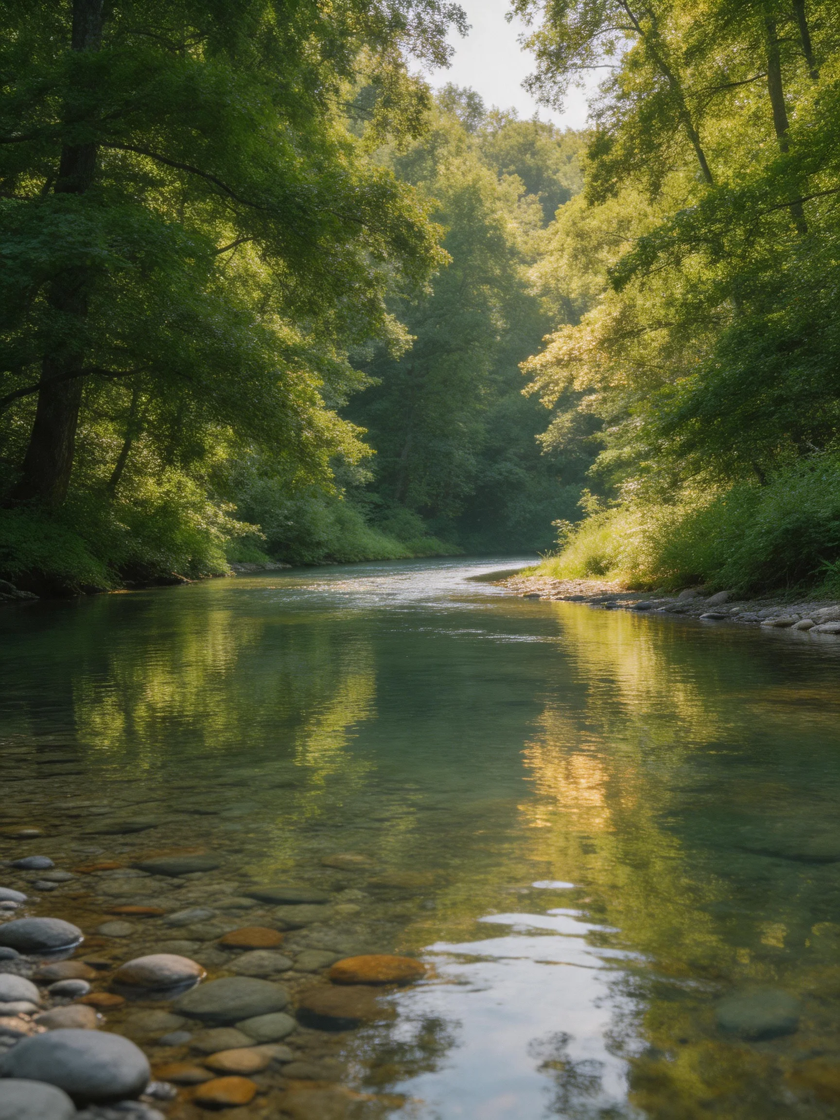 A serene river winds through dense green forests with clear waters