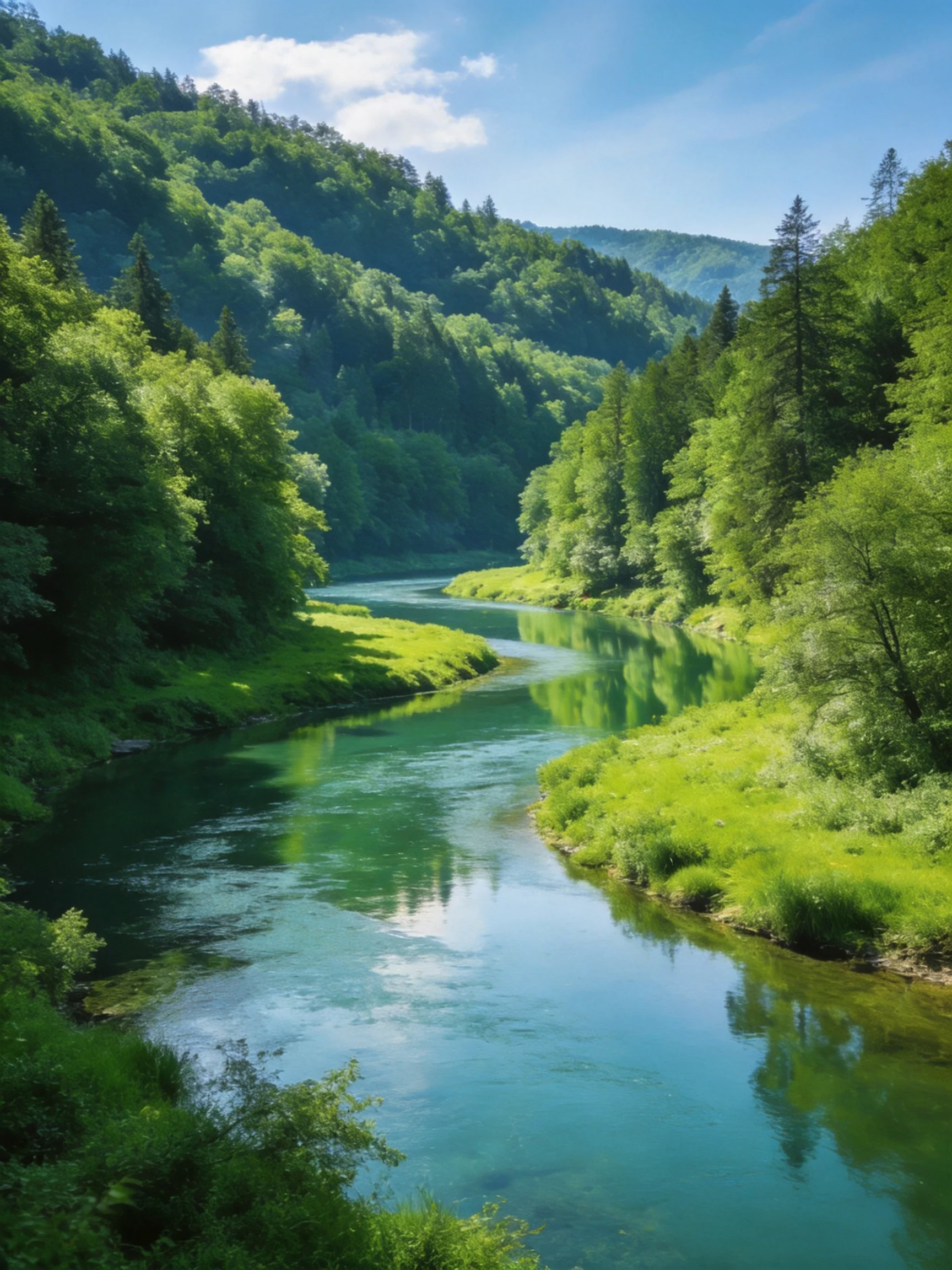 A serene river winds through lush forested valleys