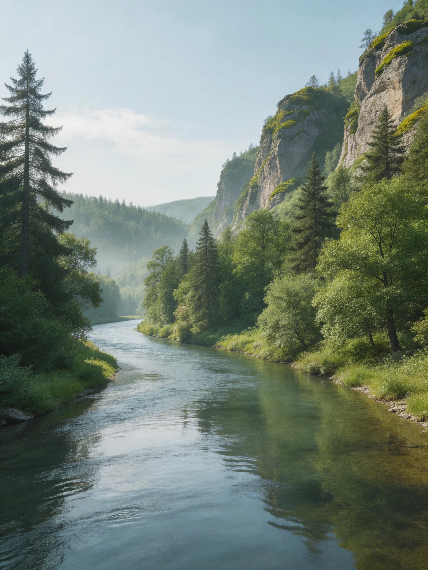 A serene river winds through lush forests and rocky cliffs