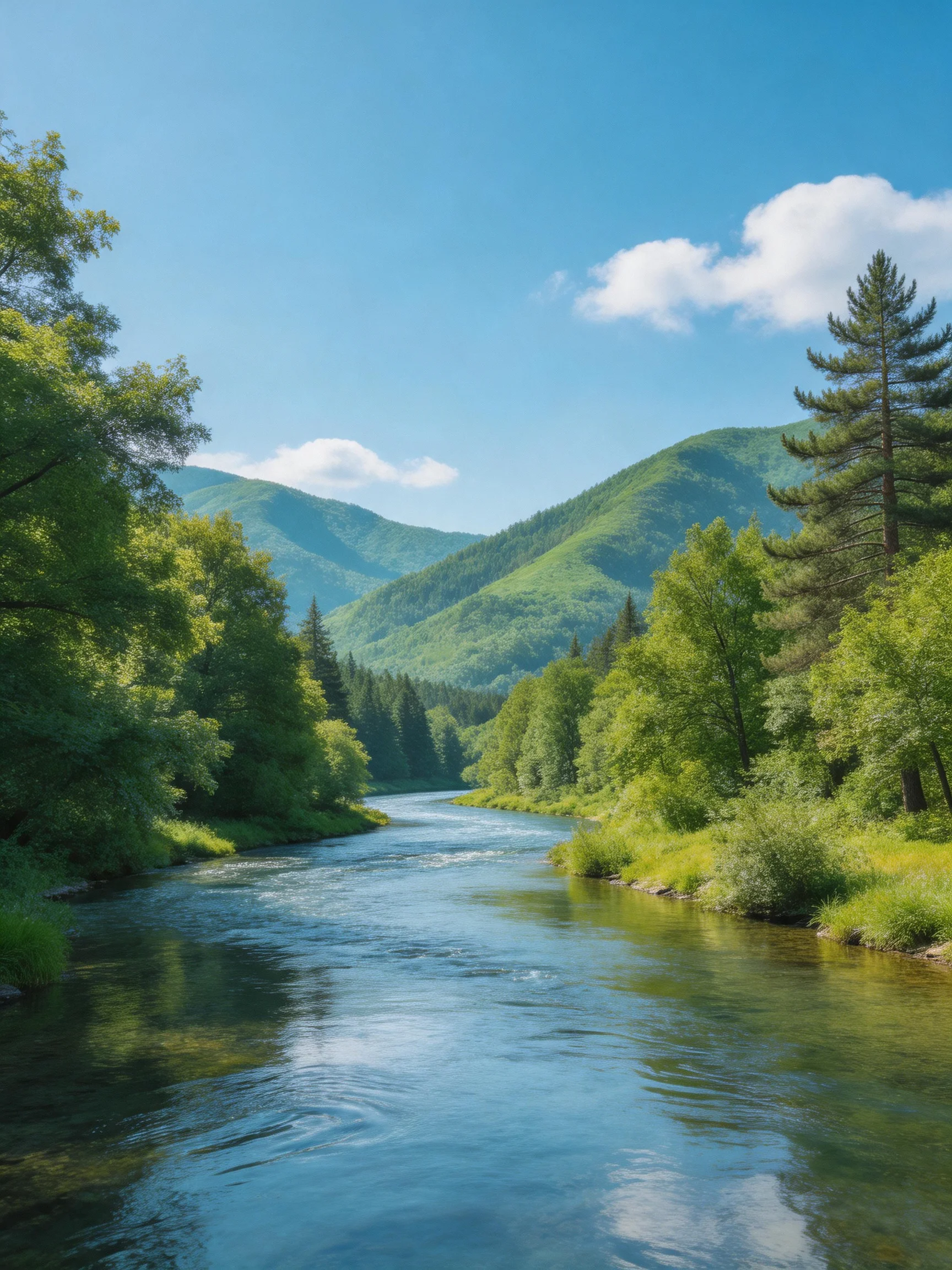 A serene river winds through lush forests and rolling green hills