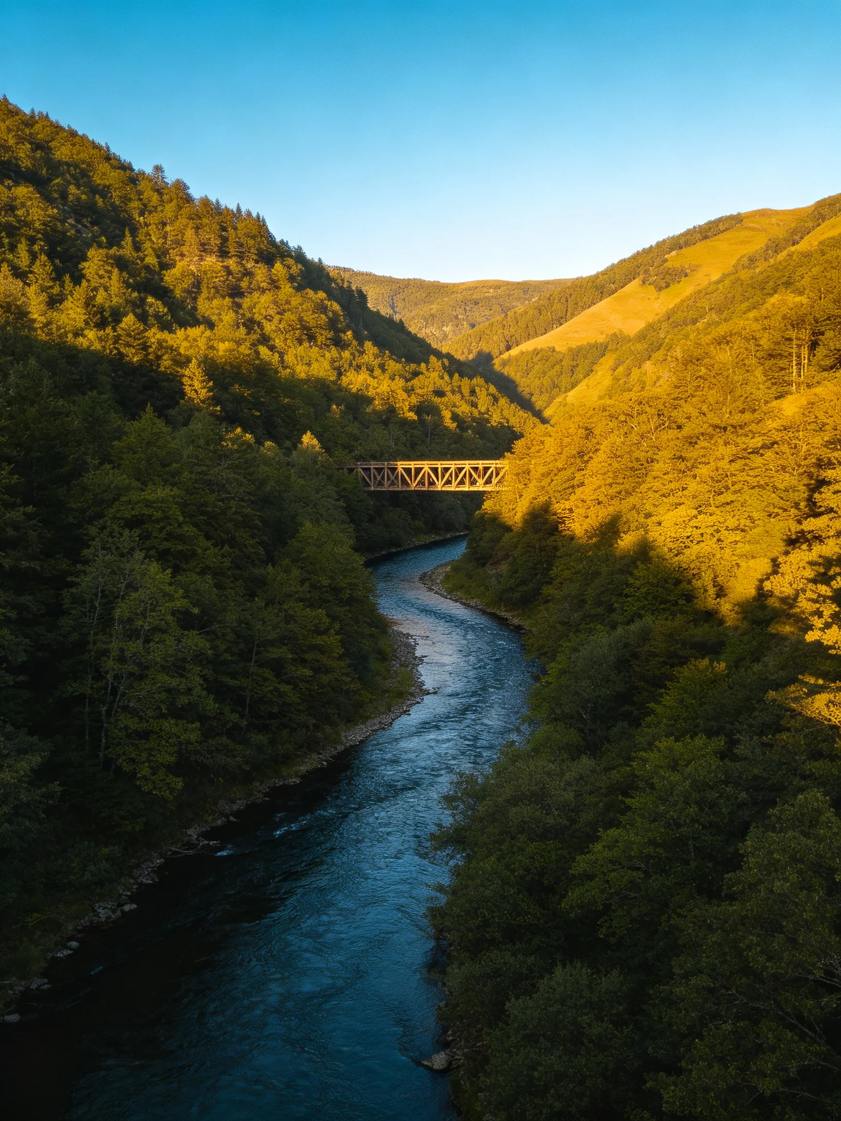 A serene riverwinds through forested mountains with a wooden bridge