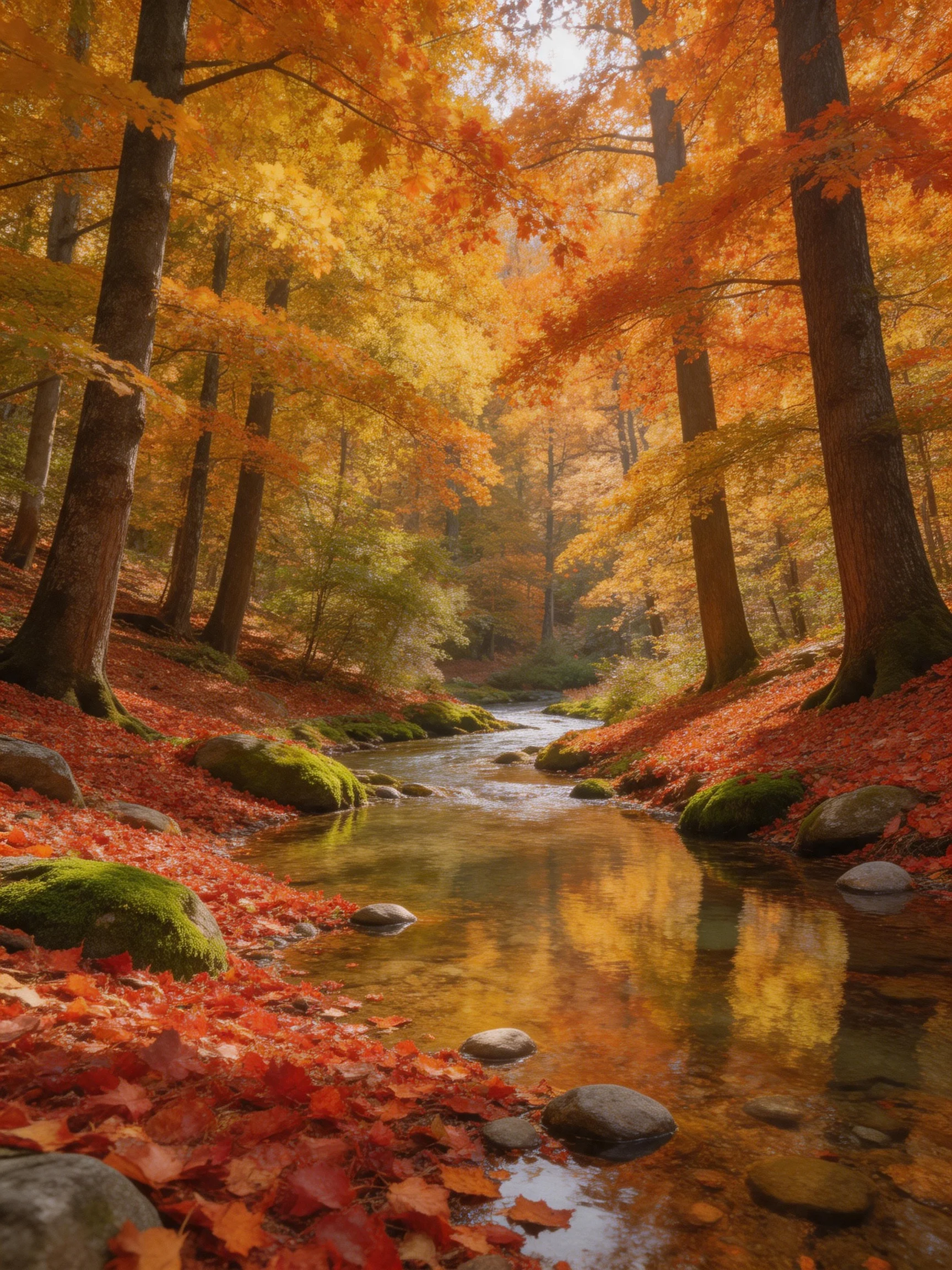 A serene stream winds through a forest of golden-orange autumn trees