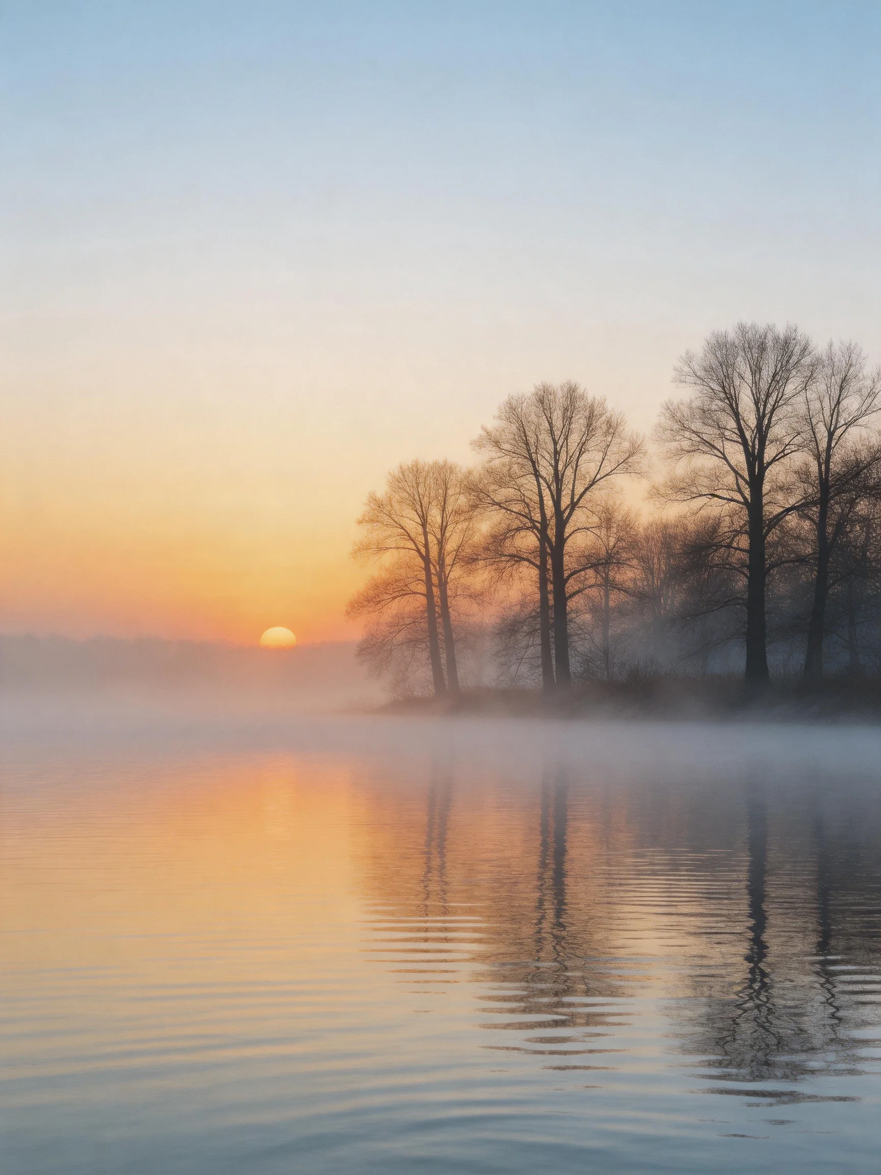 A serene sunrise over a misty lake with bare trees