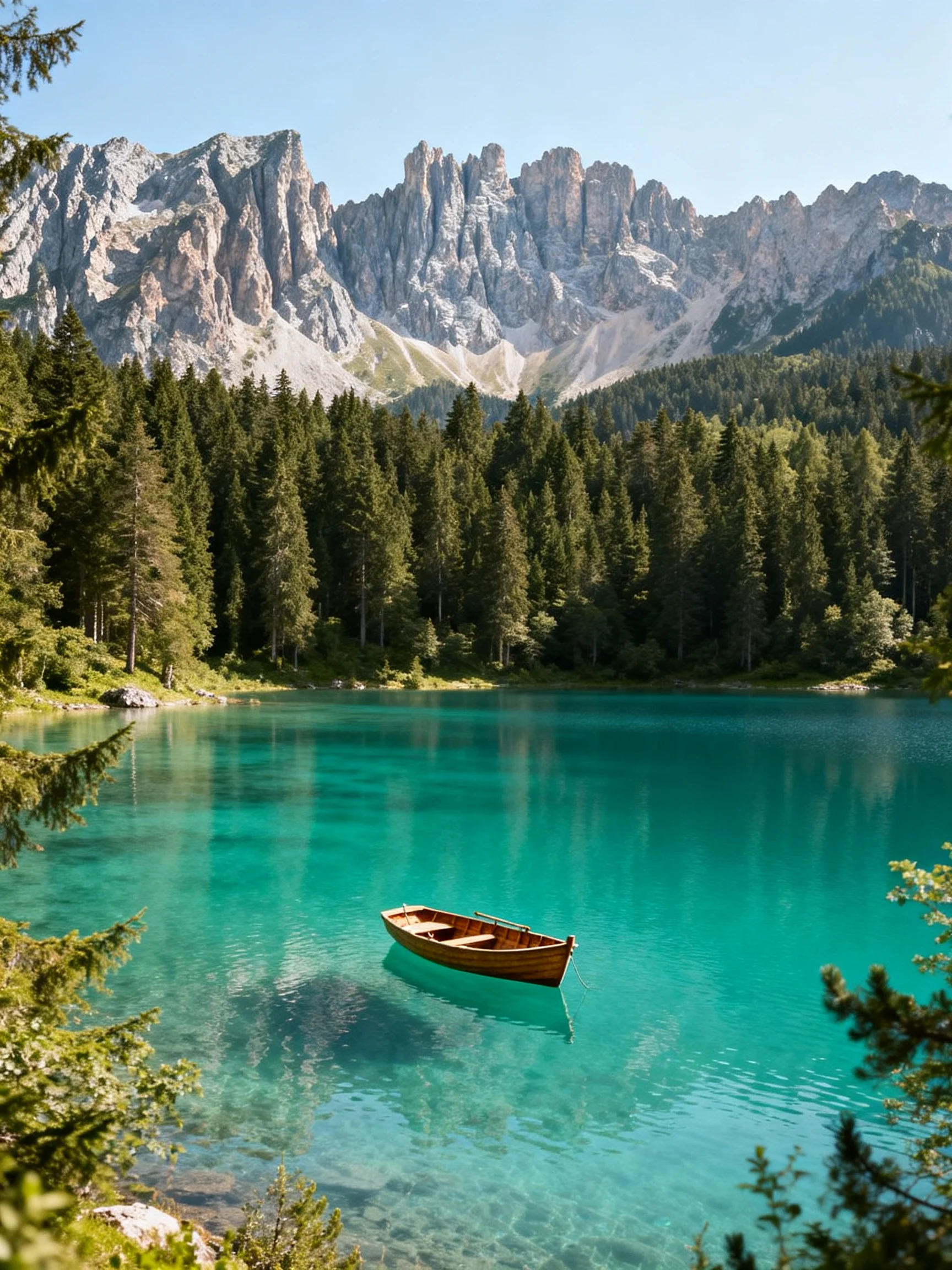 A serene turquoise lake with a wooden boat, framed by forest and jagged mountains