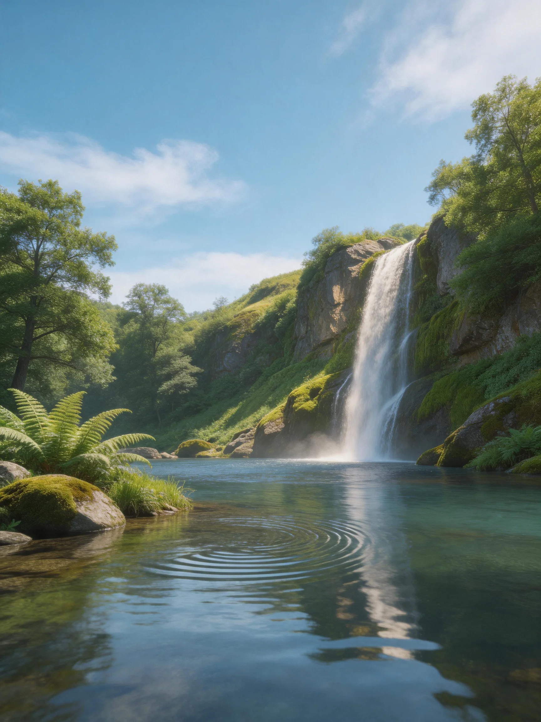 A serene waterfall cascades into a clear pool among lush green hills