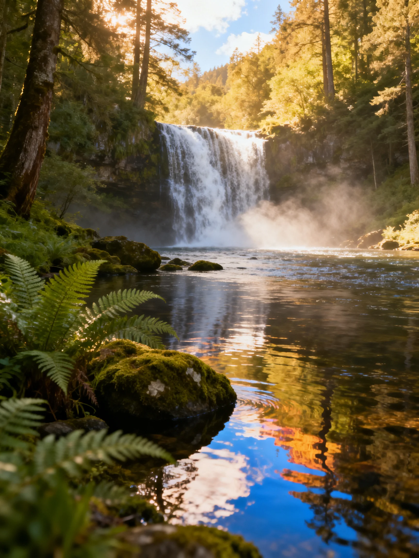 A serene waterfall cascades into a forested stream with mossy rocks