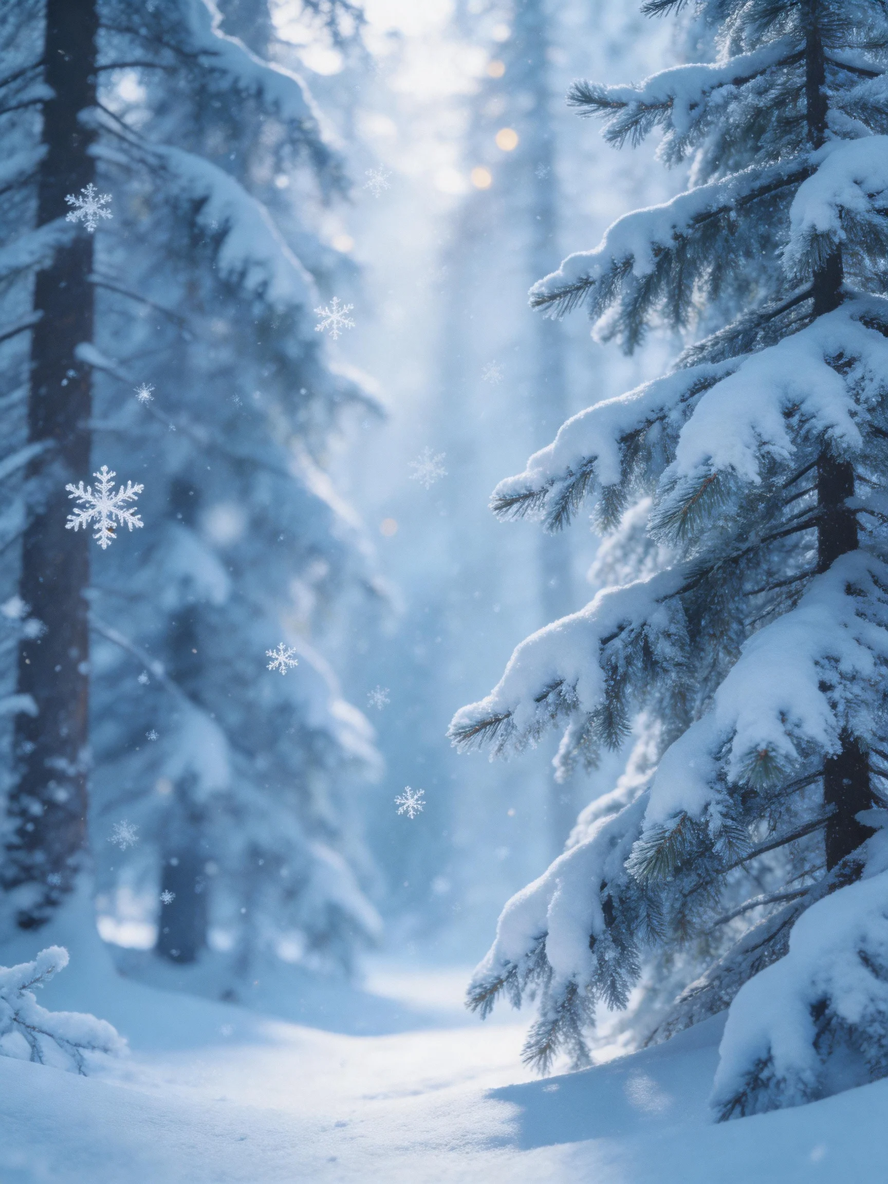 A serene winter forest with snow-laden evergreens and falling snowflakes