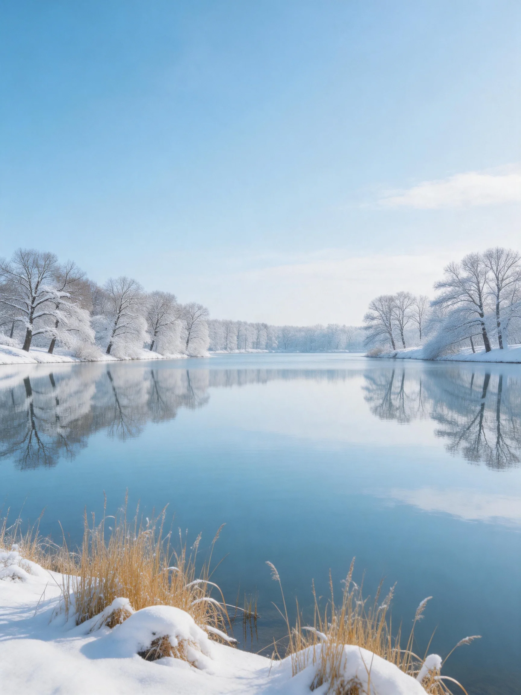 A serene winter lake surrounded by snow-laden trees