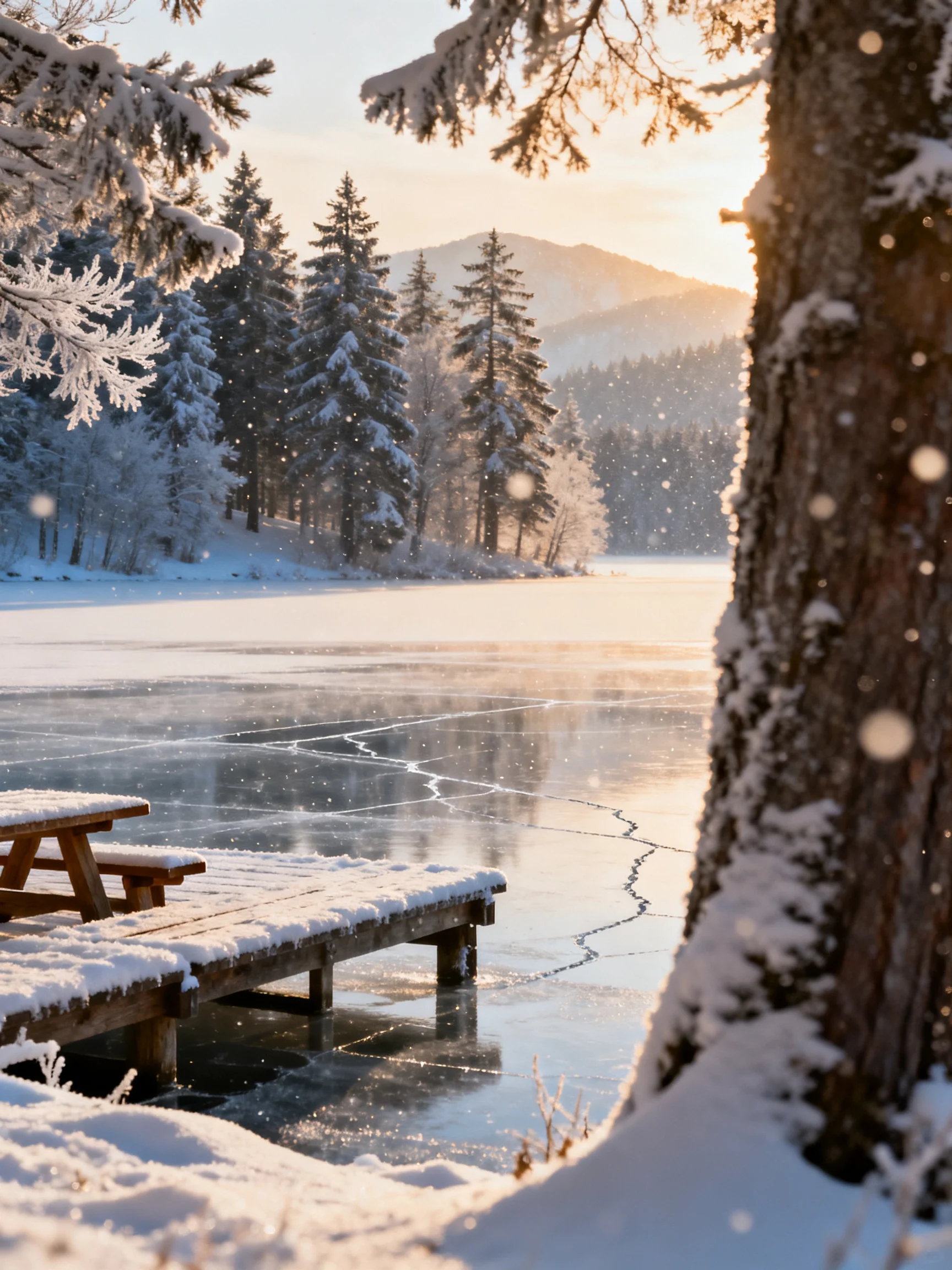 A serene winter lakeside with snow-covered trees and a wooden dock