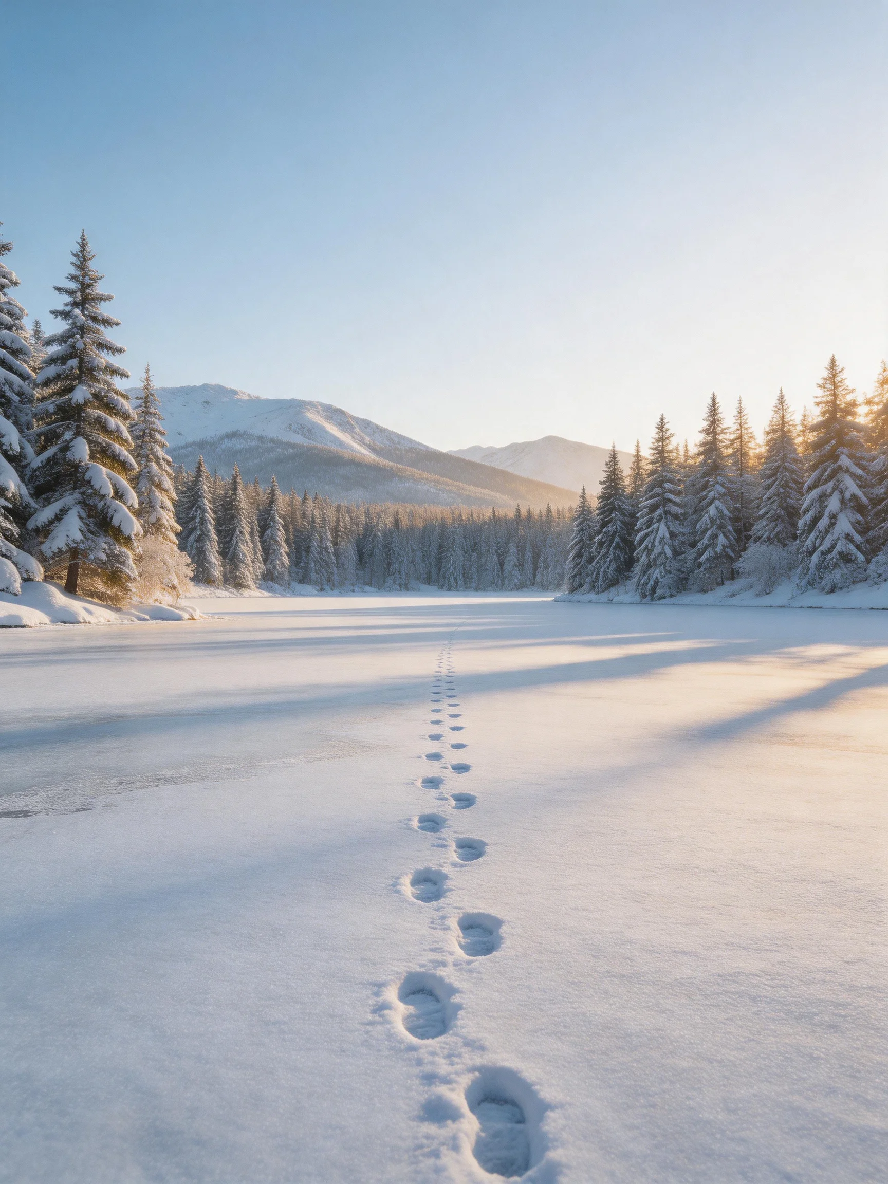 A serene winter landscape with footprints, snow-covered trees, and distant mountains