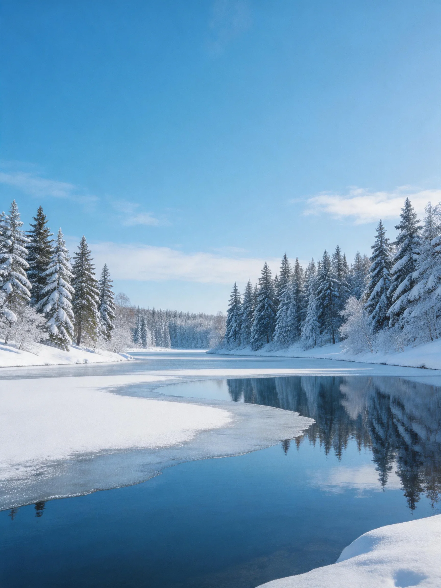 A serene winter landscape with snow-covered pines and partially frozen river