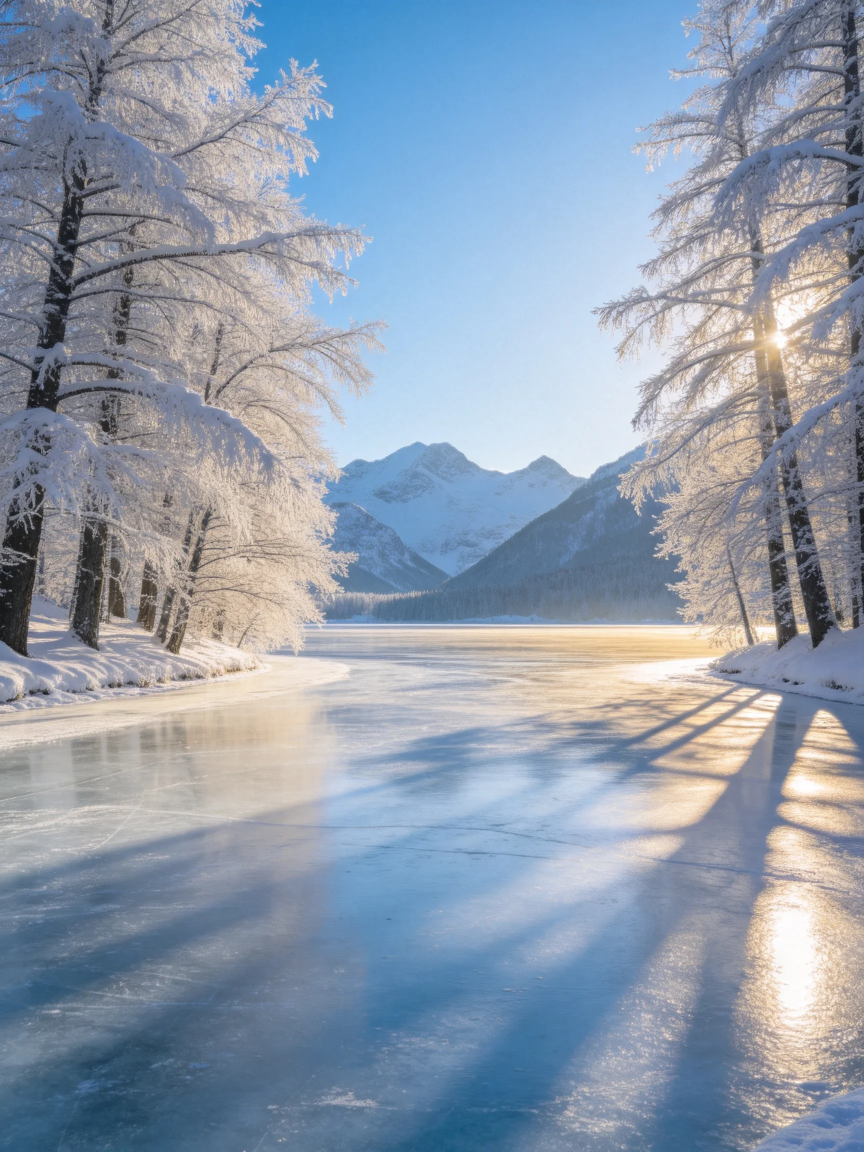 A serene winter scene with snow-laden trees, frozen lake, and mountain backdrop