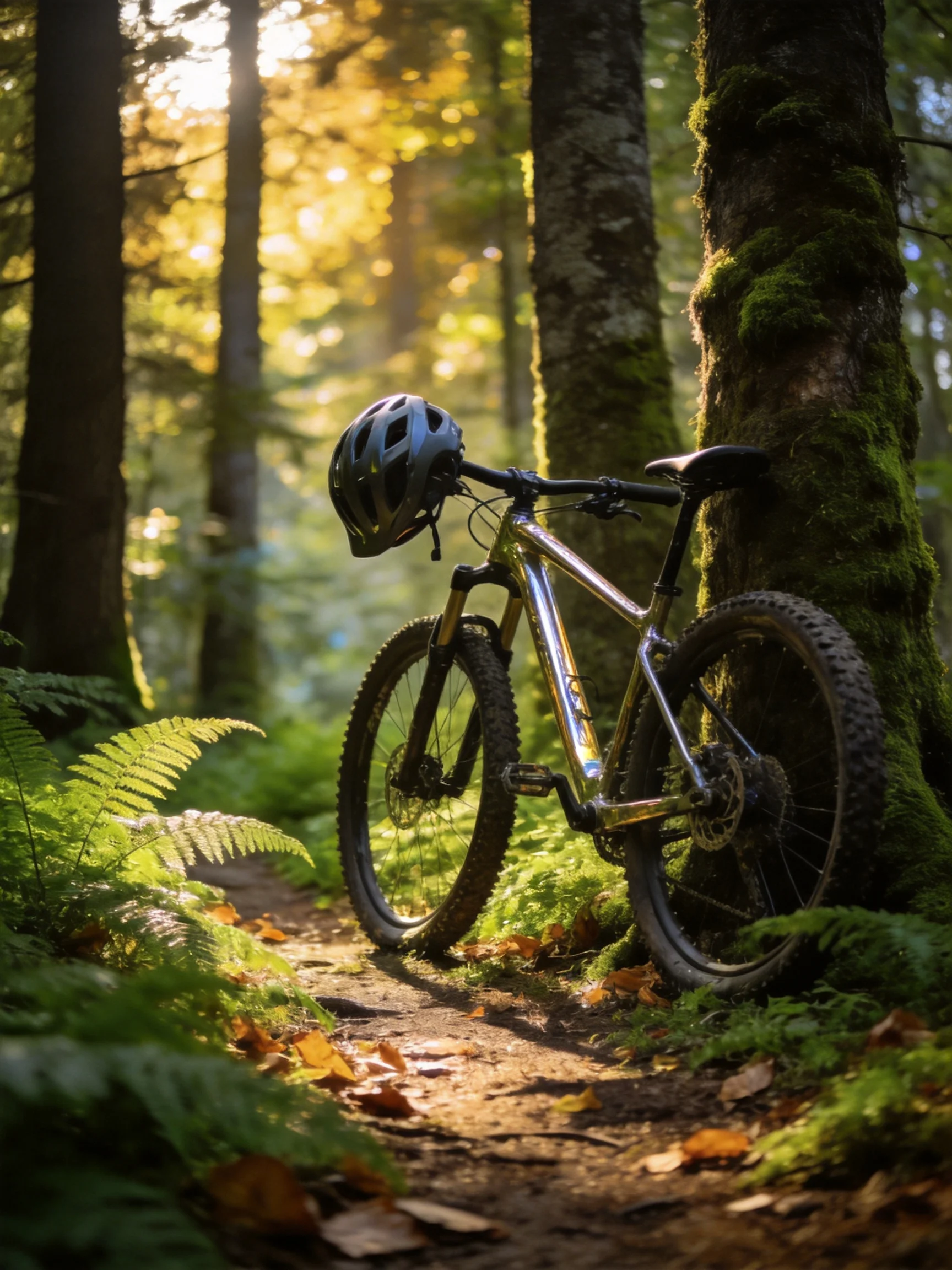 A shiny mountain bike rests near mossy trees in golden forest light