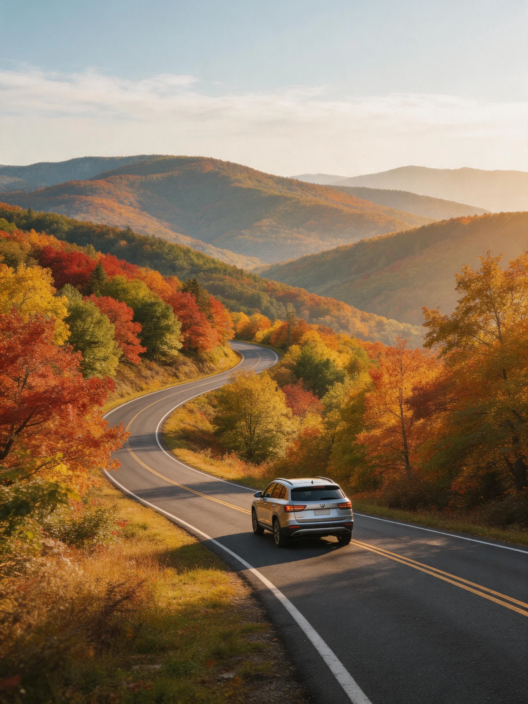 A silver SUV travels along a winding mountain road amid vibrant fall foliage