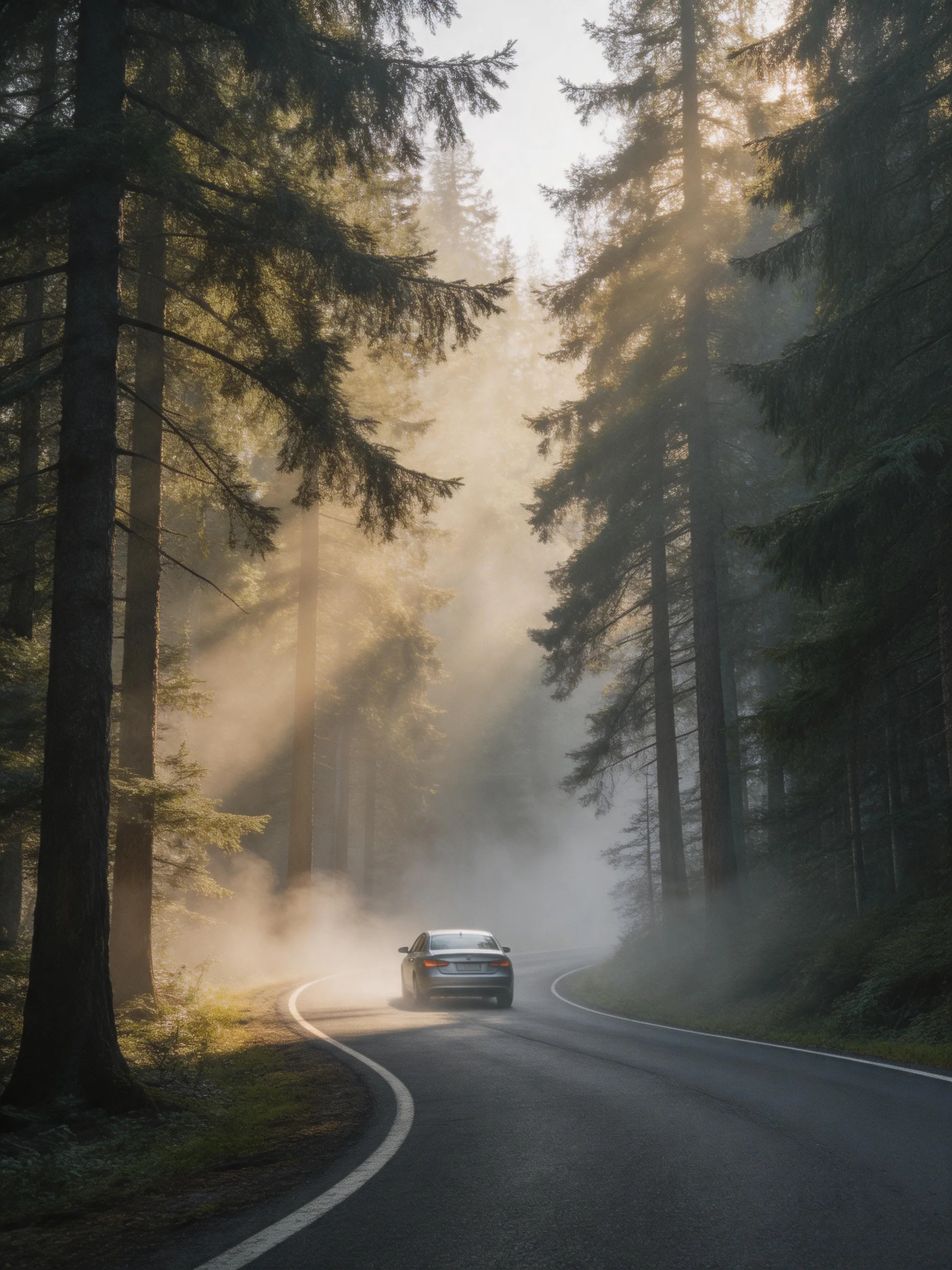 A silver car travels down a misty forest road lined with tall evergreen trees