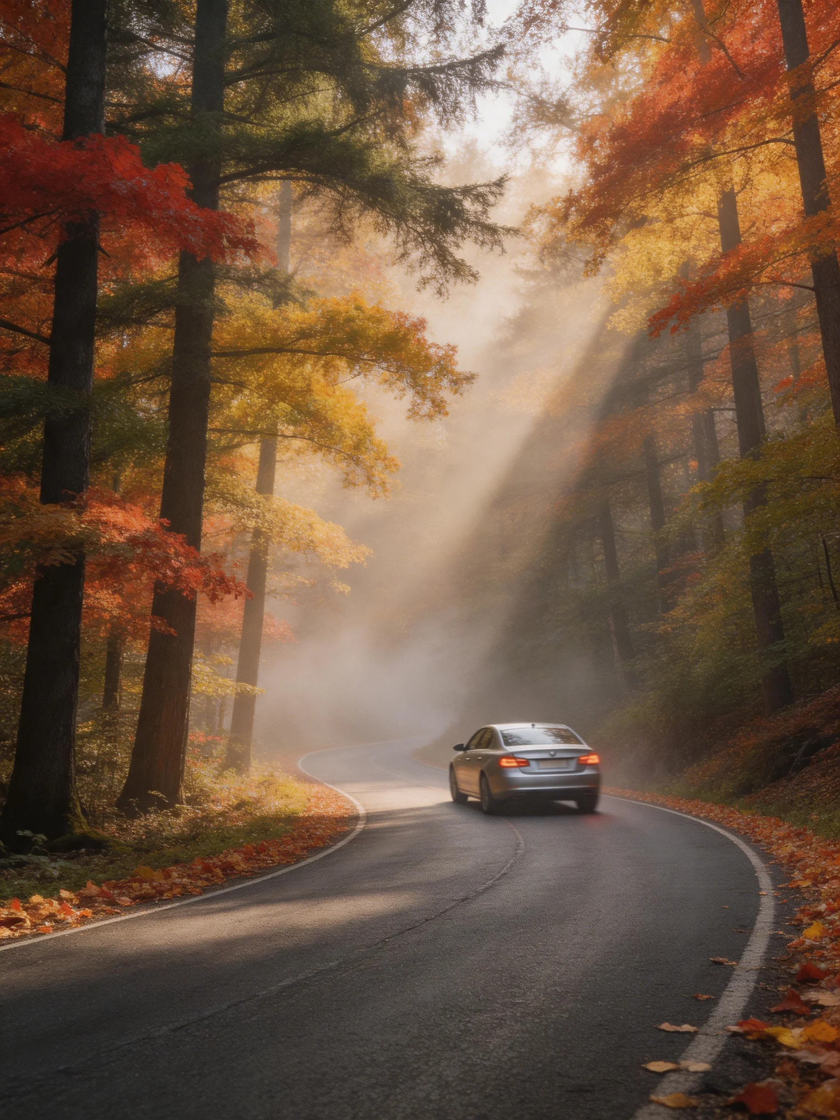 A silver car travels down a winding autumn forest road with colorful foliage