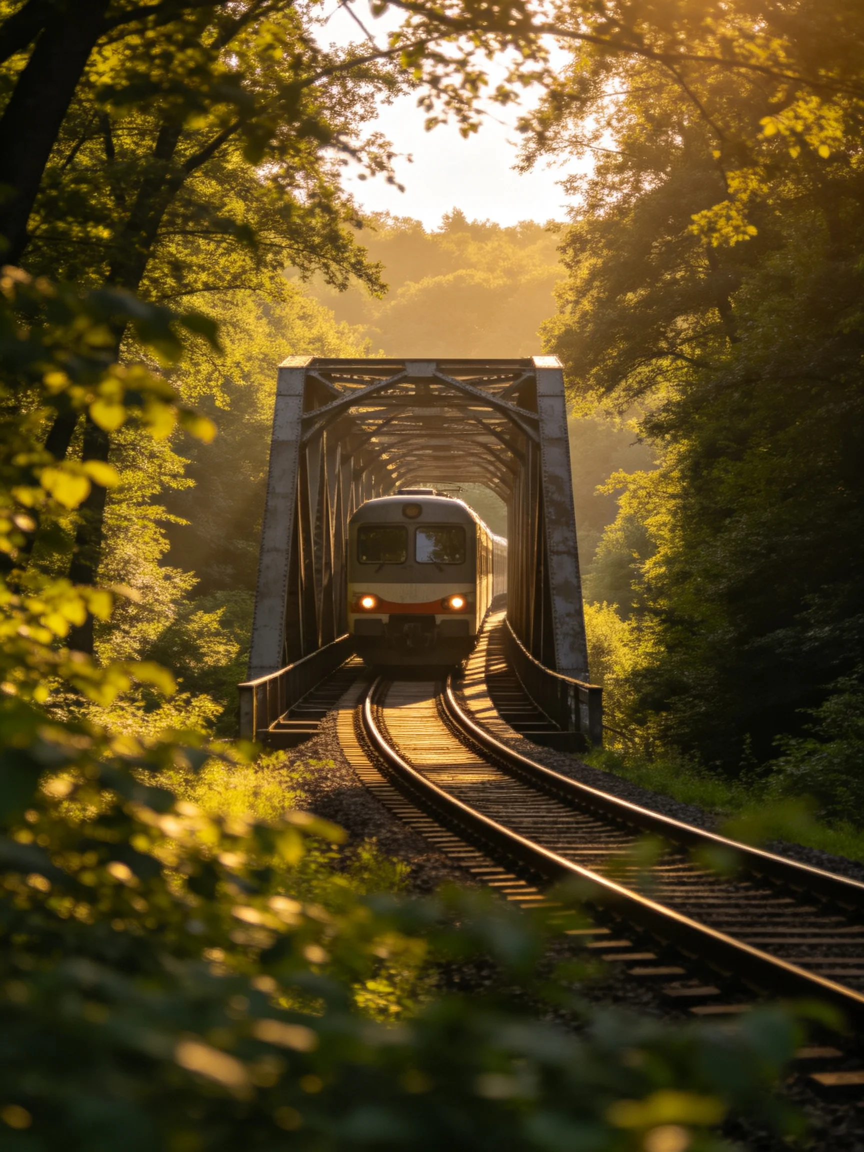 A silver train crosses a metal bridge in a sunlit forest