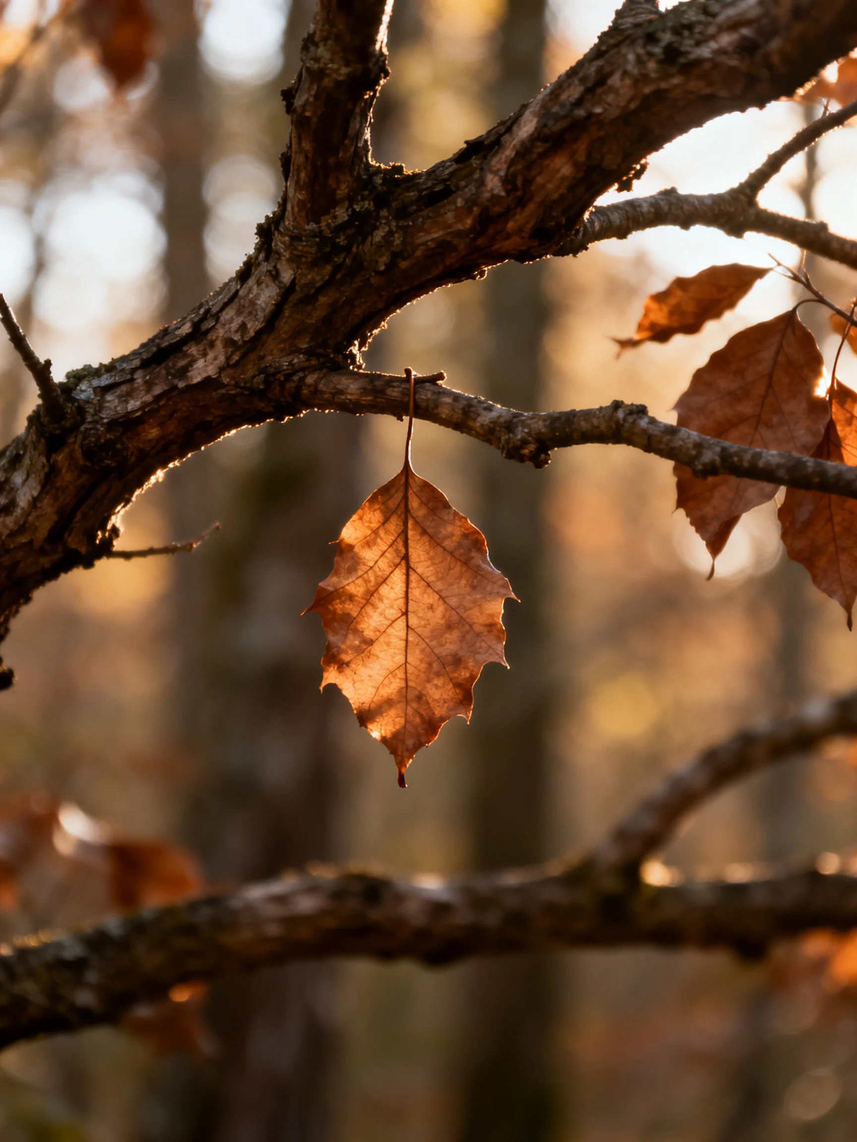 A single amber leaf hangs from a gnarled branch in an autumn forest