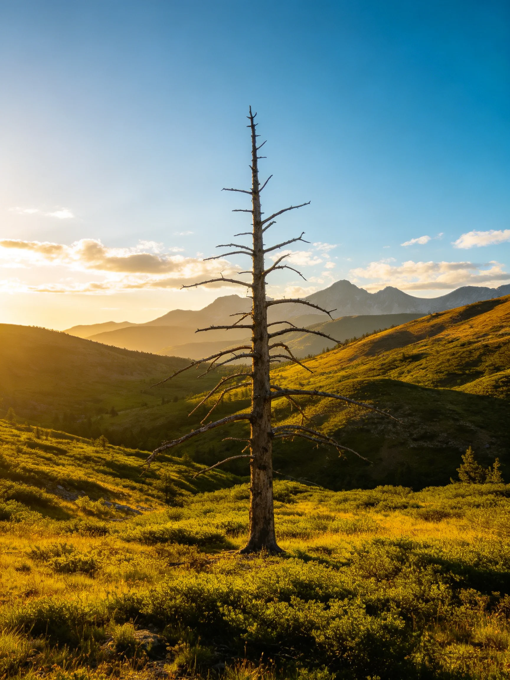A single bare tree in a golden-hued meadow with distant mountain peaks