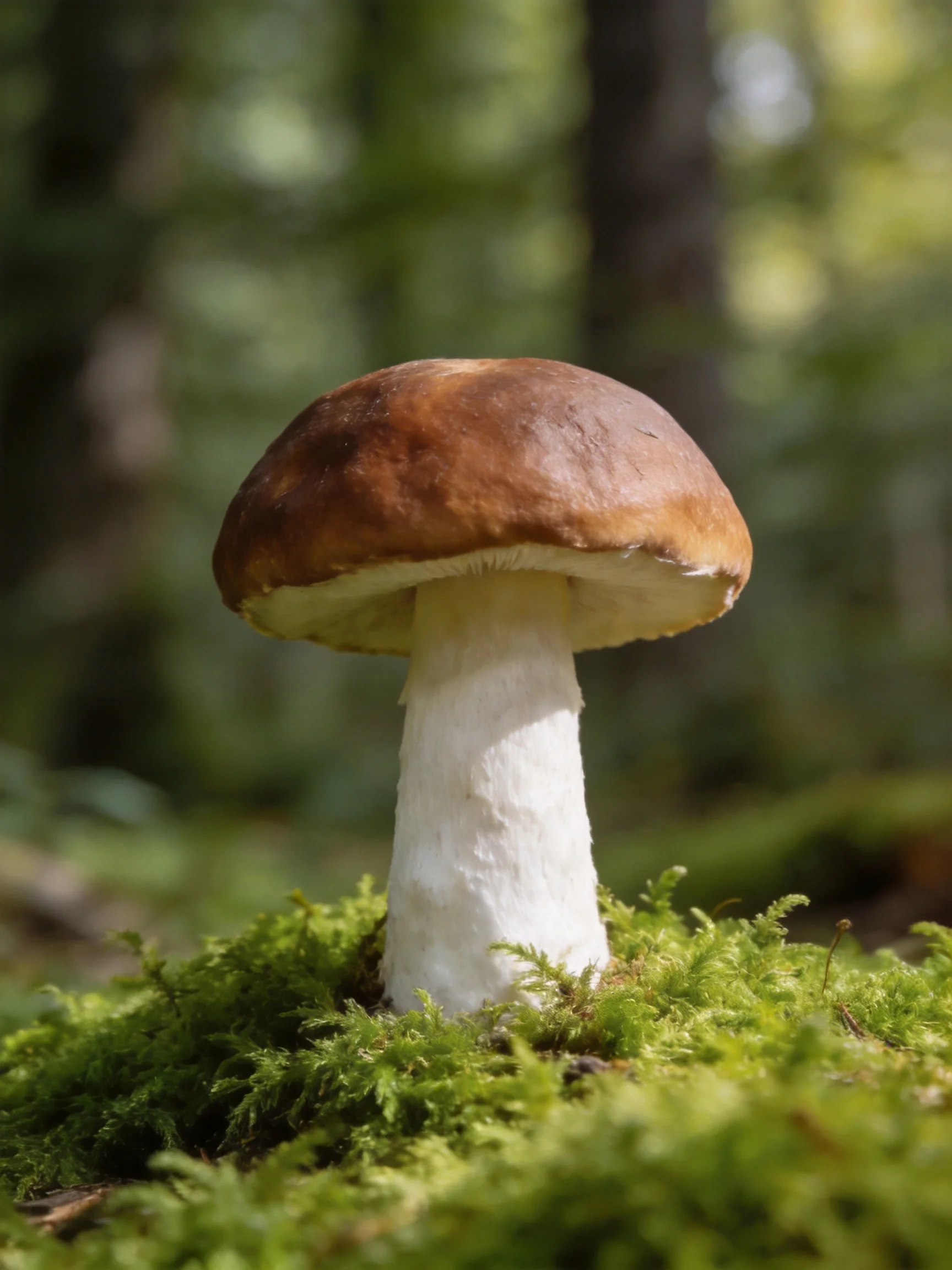 A single brown-capped mushroom grows amid lush green moss in a forest