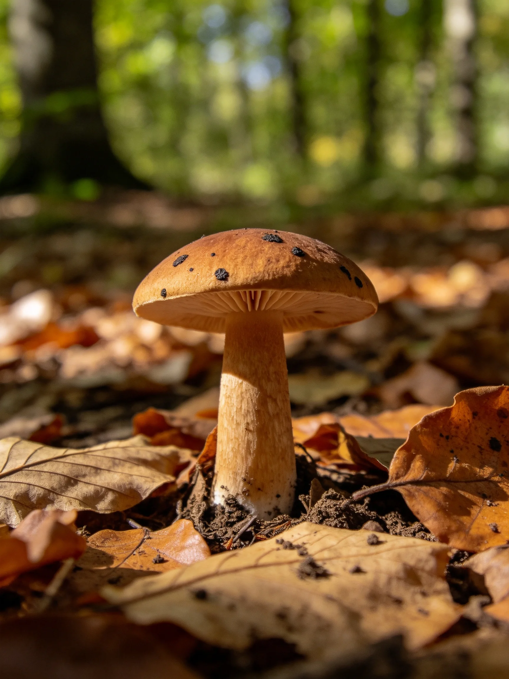 A single brown-capped mushroom with black spots amid autumn leaves