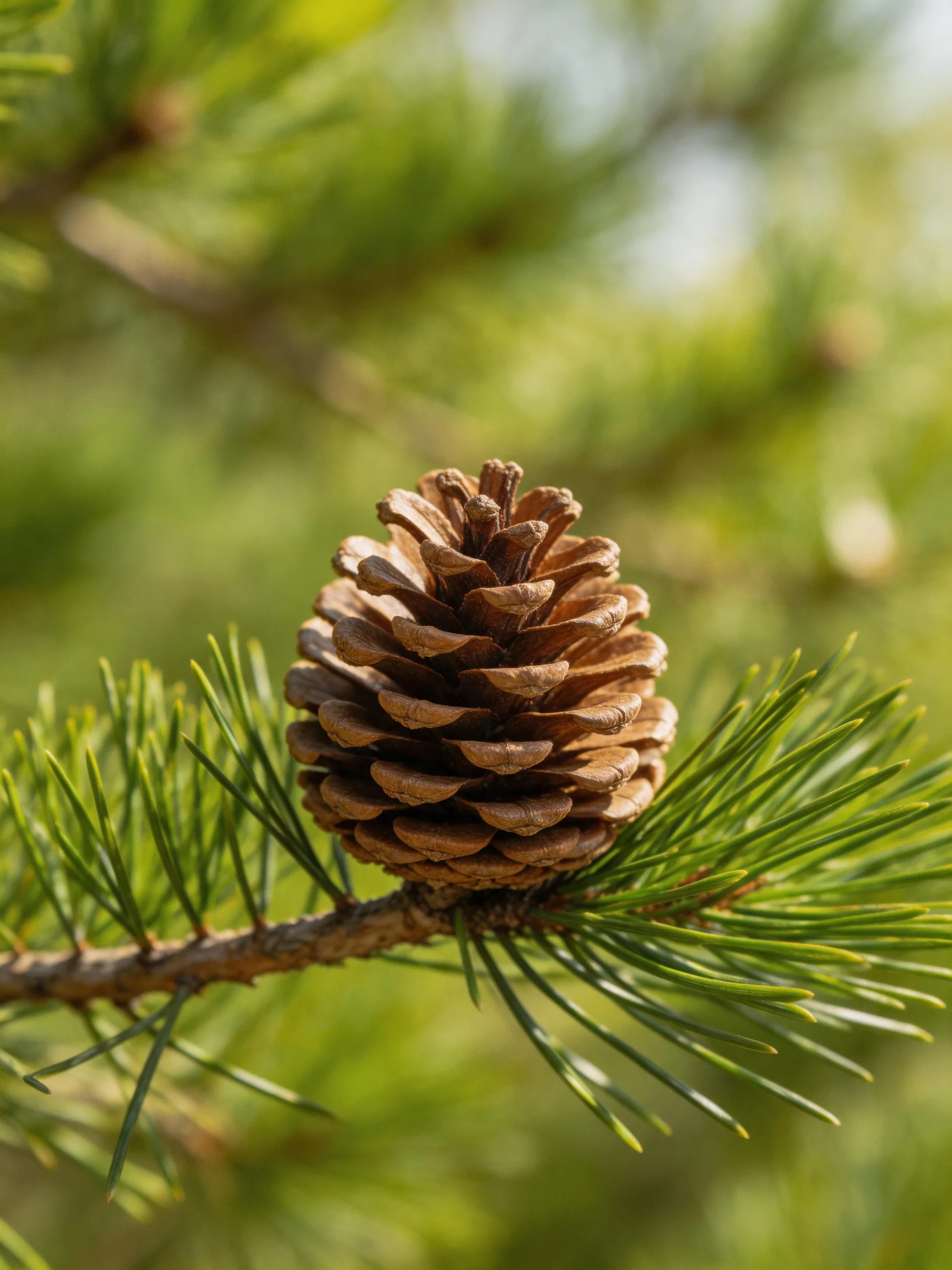 A single brown pine cone attached to green pine branches