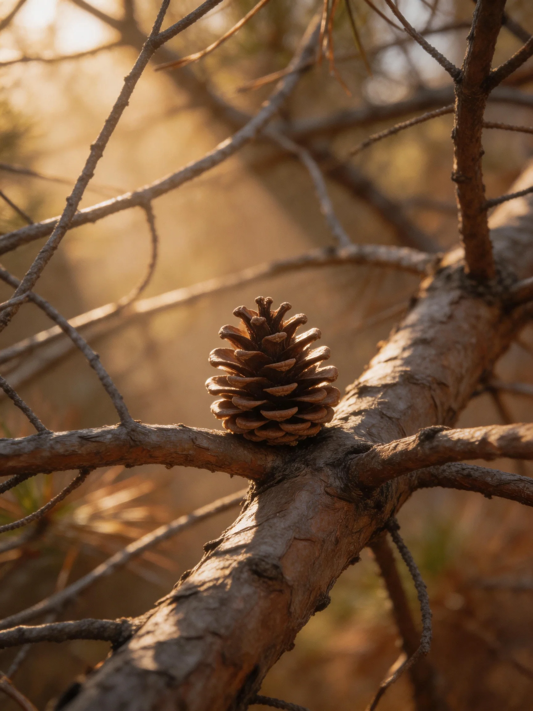A single brown pine cone rests on a textured tree branch
