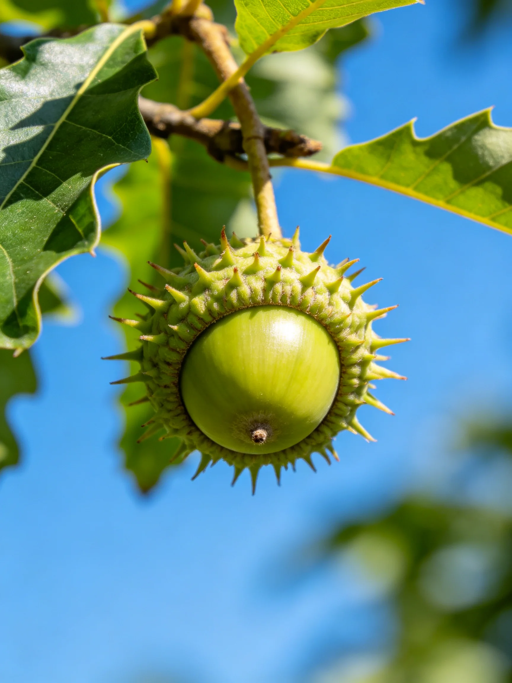 A single green acorn with spiky husk hangs from a tree branch