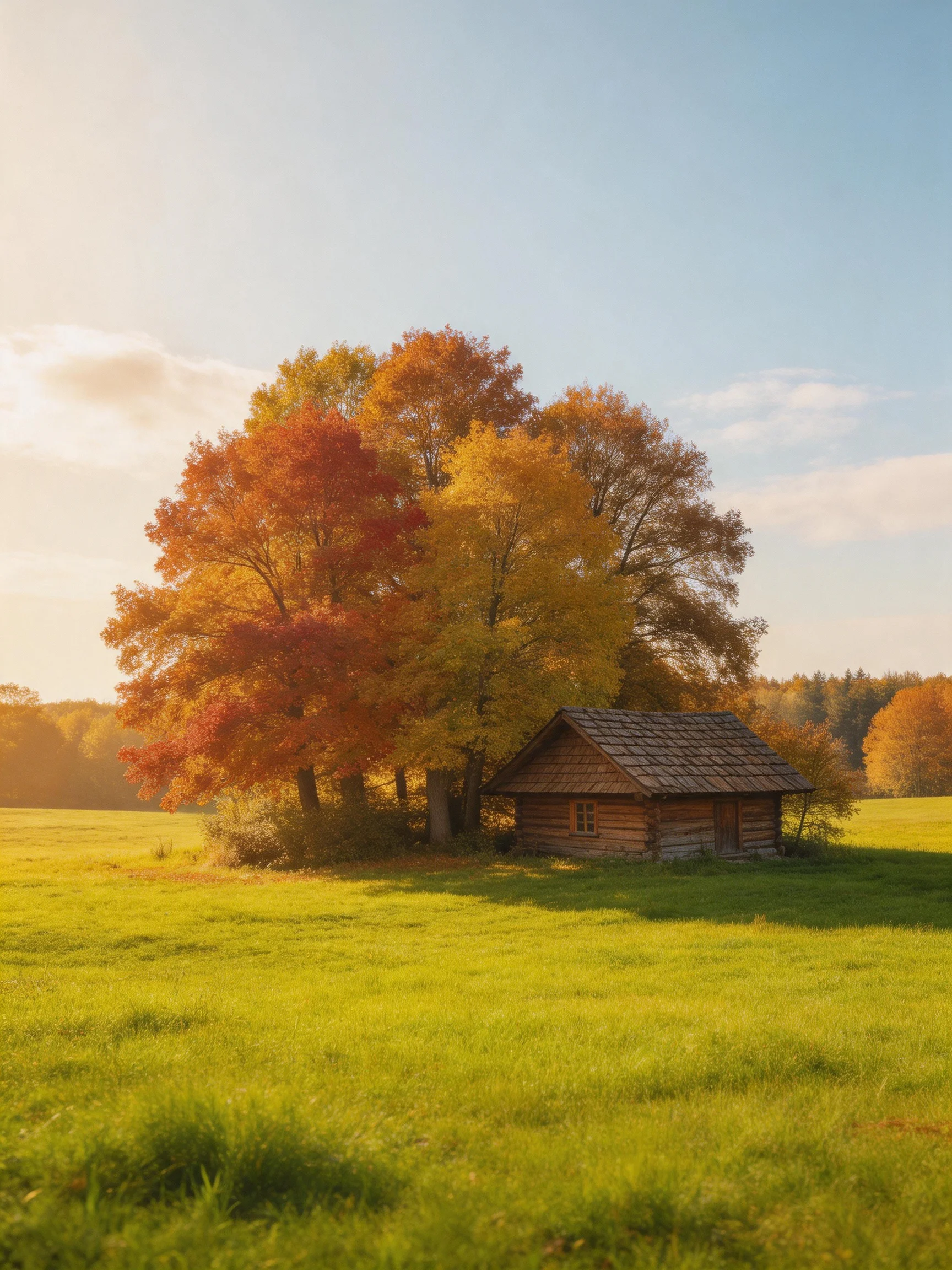 A single log cabin beside colorful autumn trees in a sunlit meadow