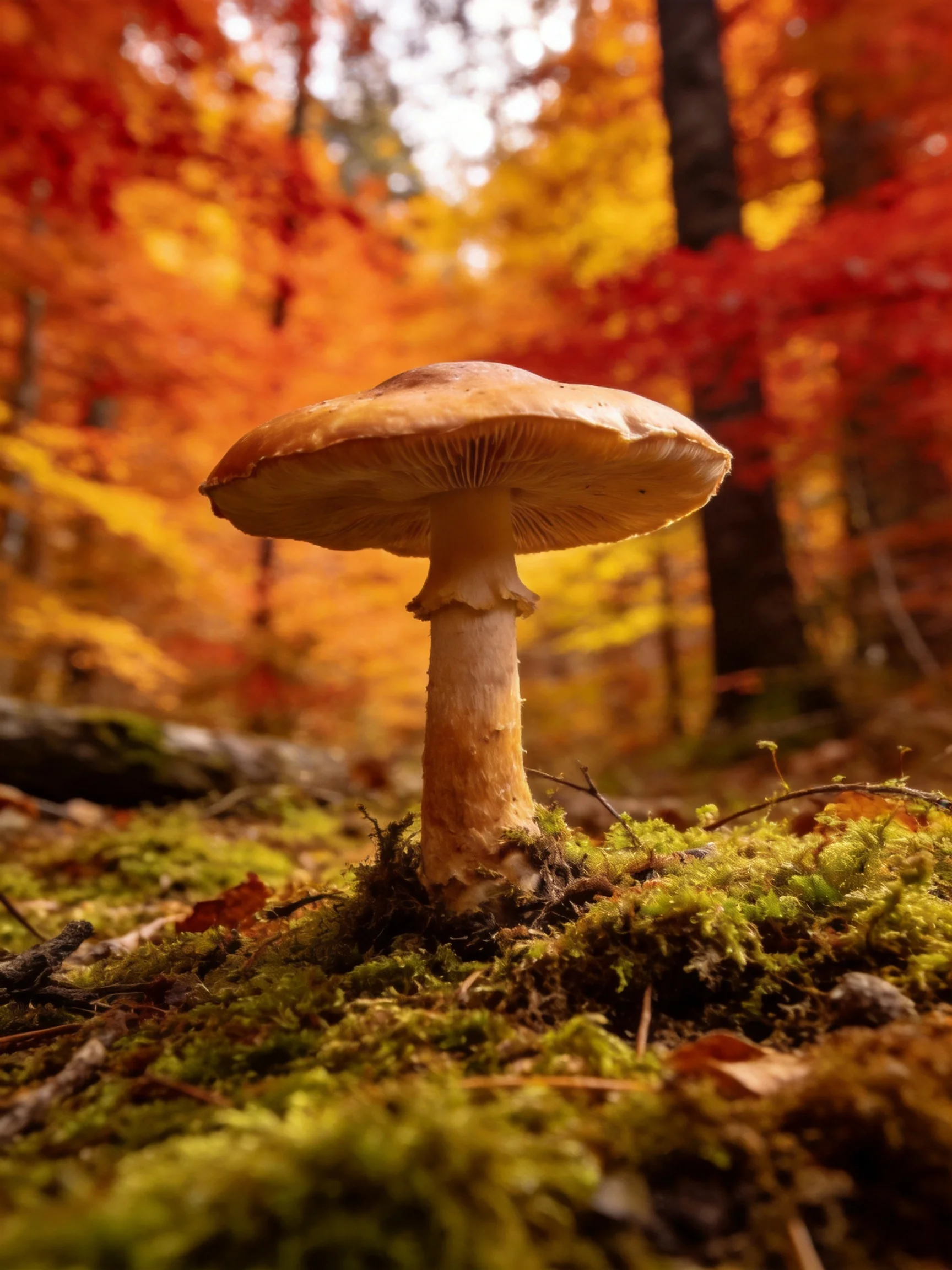 A single mushroom stands amid vibrant fall foliage and mossy ground
