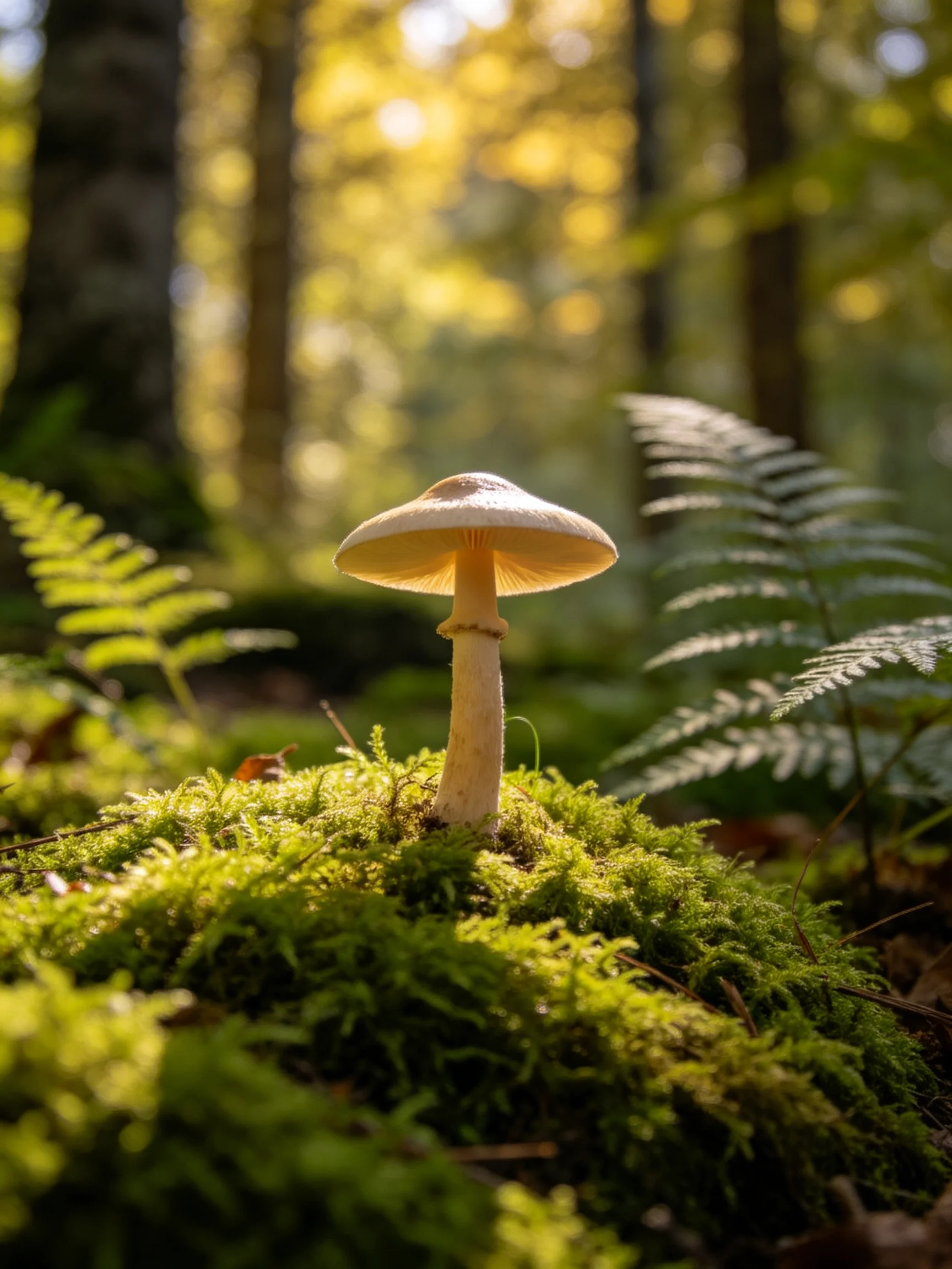A single mushroom stands atop lush green moss in a sun-dappled forest