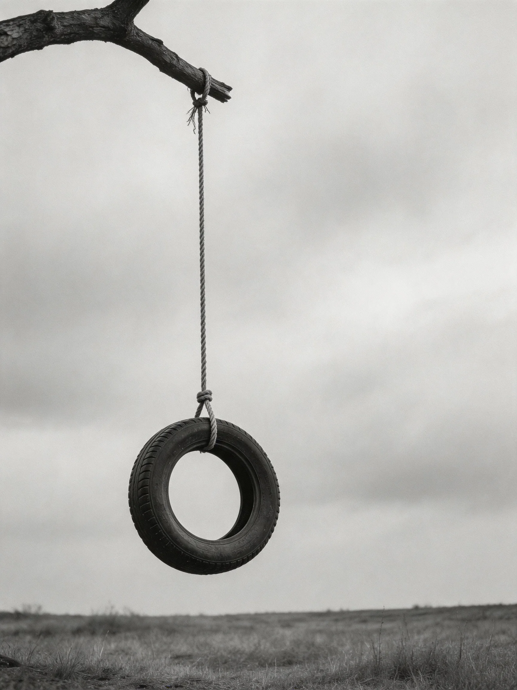 A single old tire swing hangs from a gnarled tree branch over an empty field