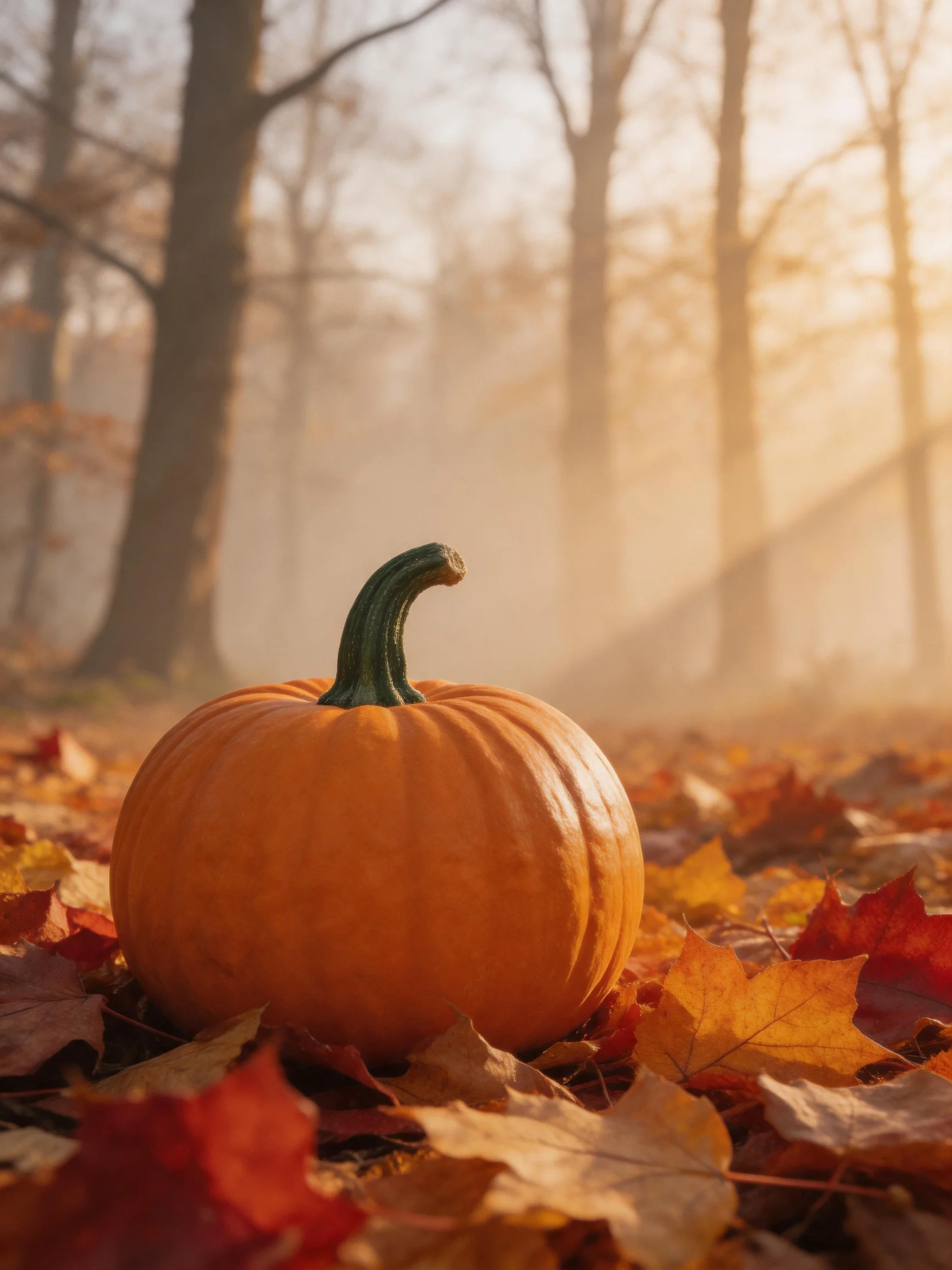 A single orange pumpkin rests amid colorful fallen leaves in a misty forest