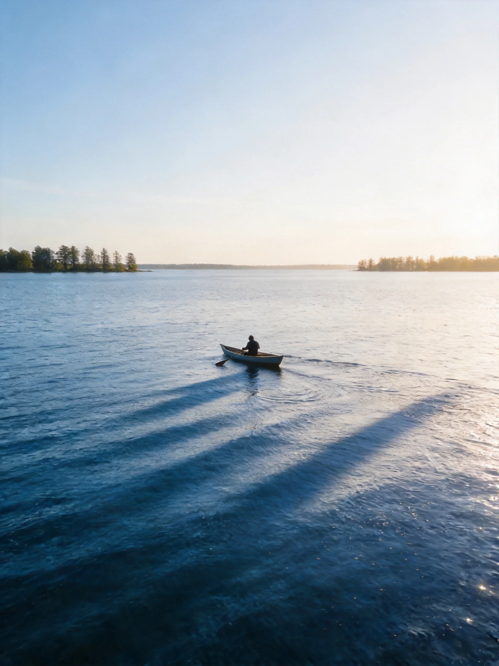 A single person paddles a small boat on expansive blue waters near forested islands.