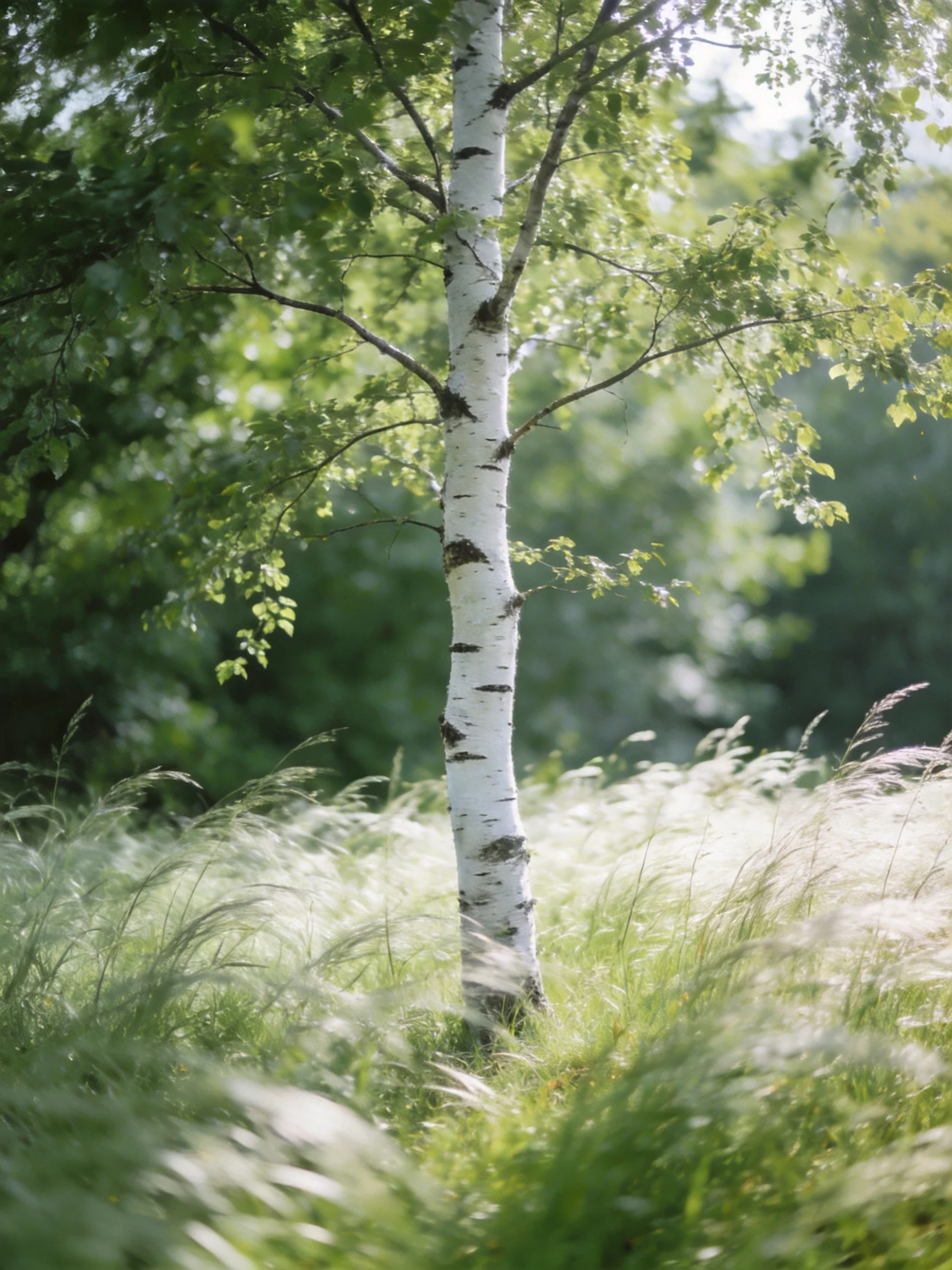 A single white-barked birch amid lush greenery and tall grass