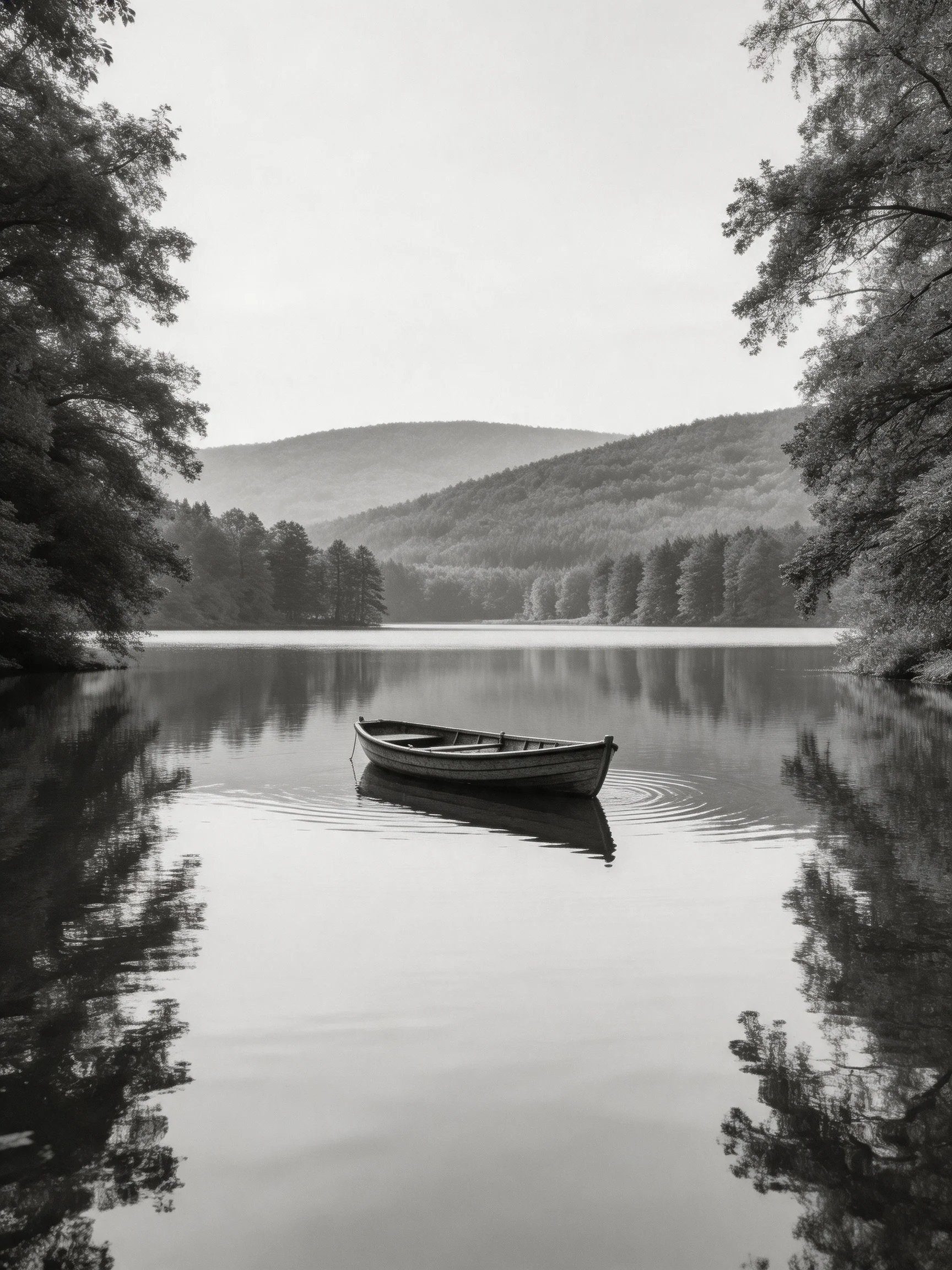 A single wooden boat drifts on calm lake waters bordered by forested hills
