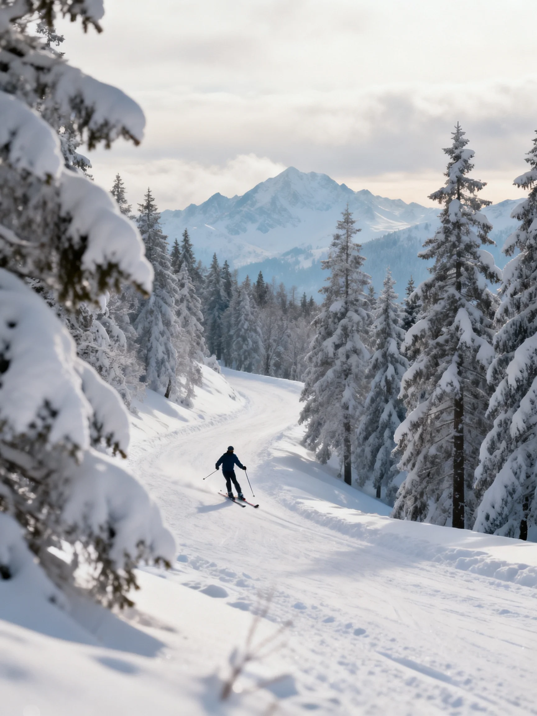 A skier navigates a snow - filled forest trail near snow - capped mountains