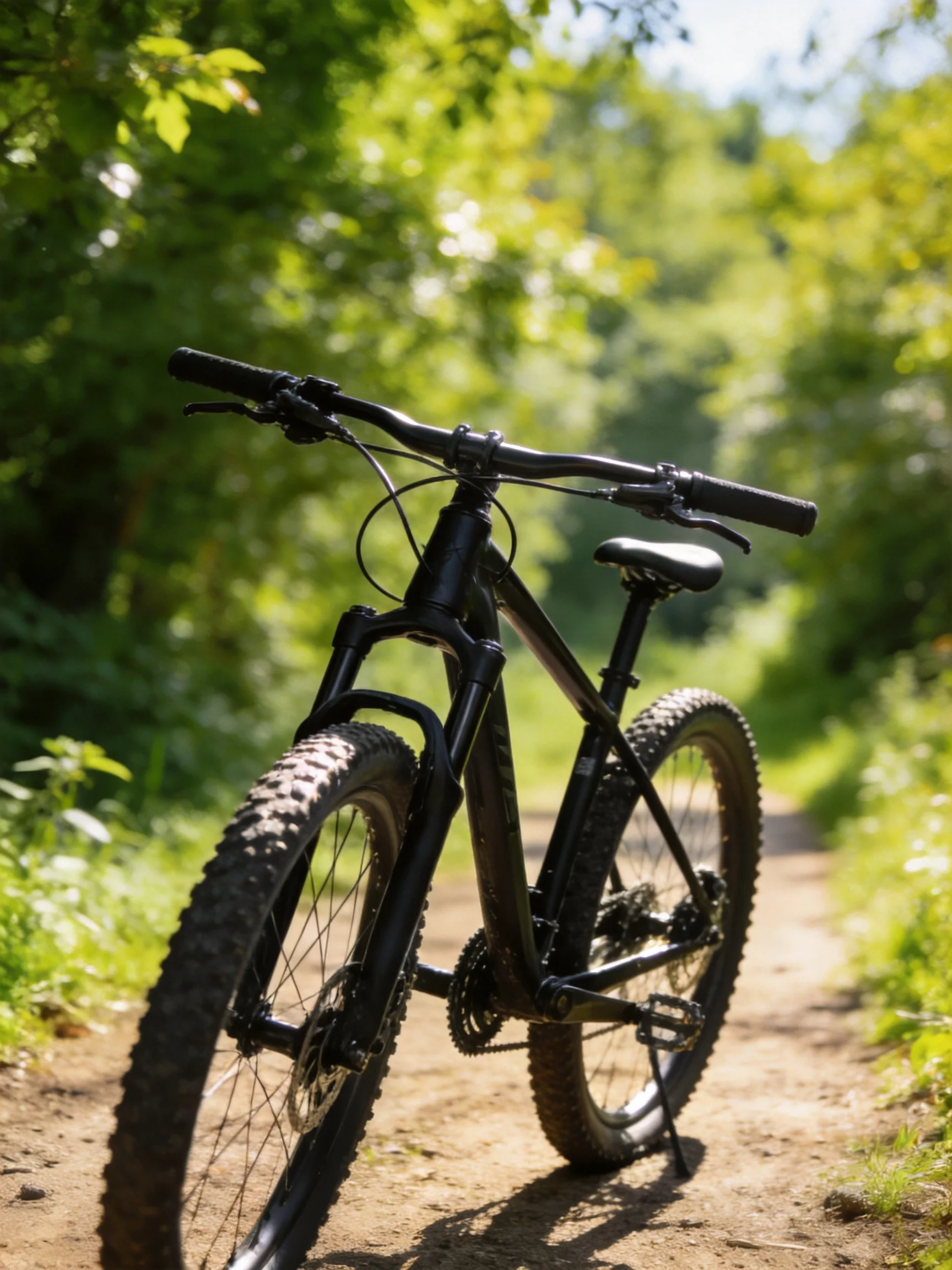 A sleek black mountain bike parked on a sunlit forest dirt path