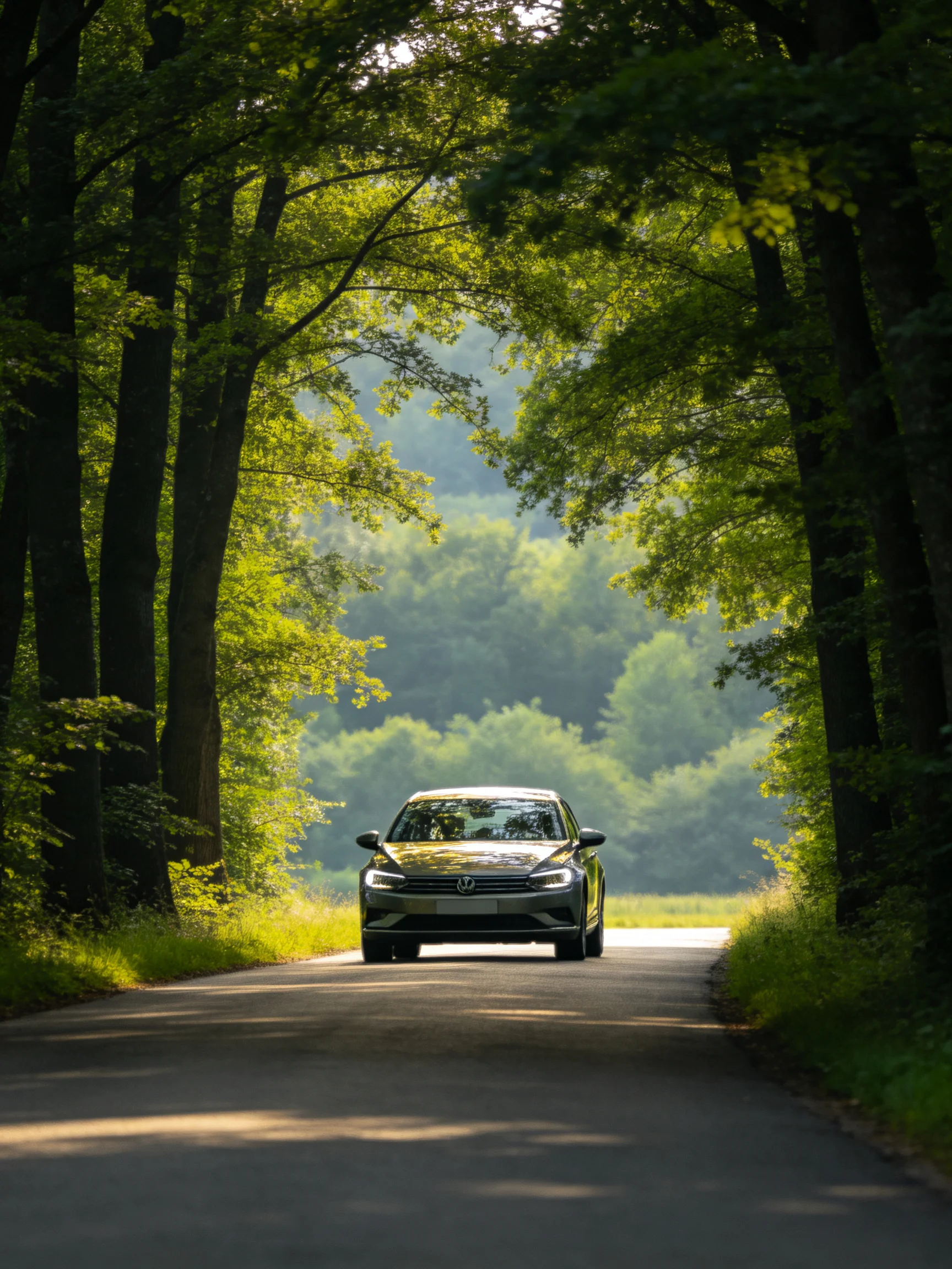 A sleek dark gray car travels down a tree - lined forest road