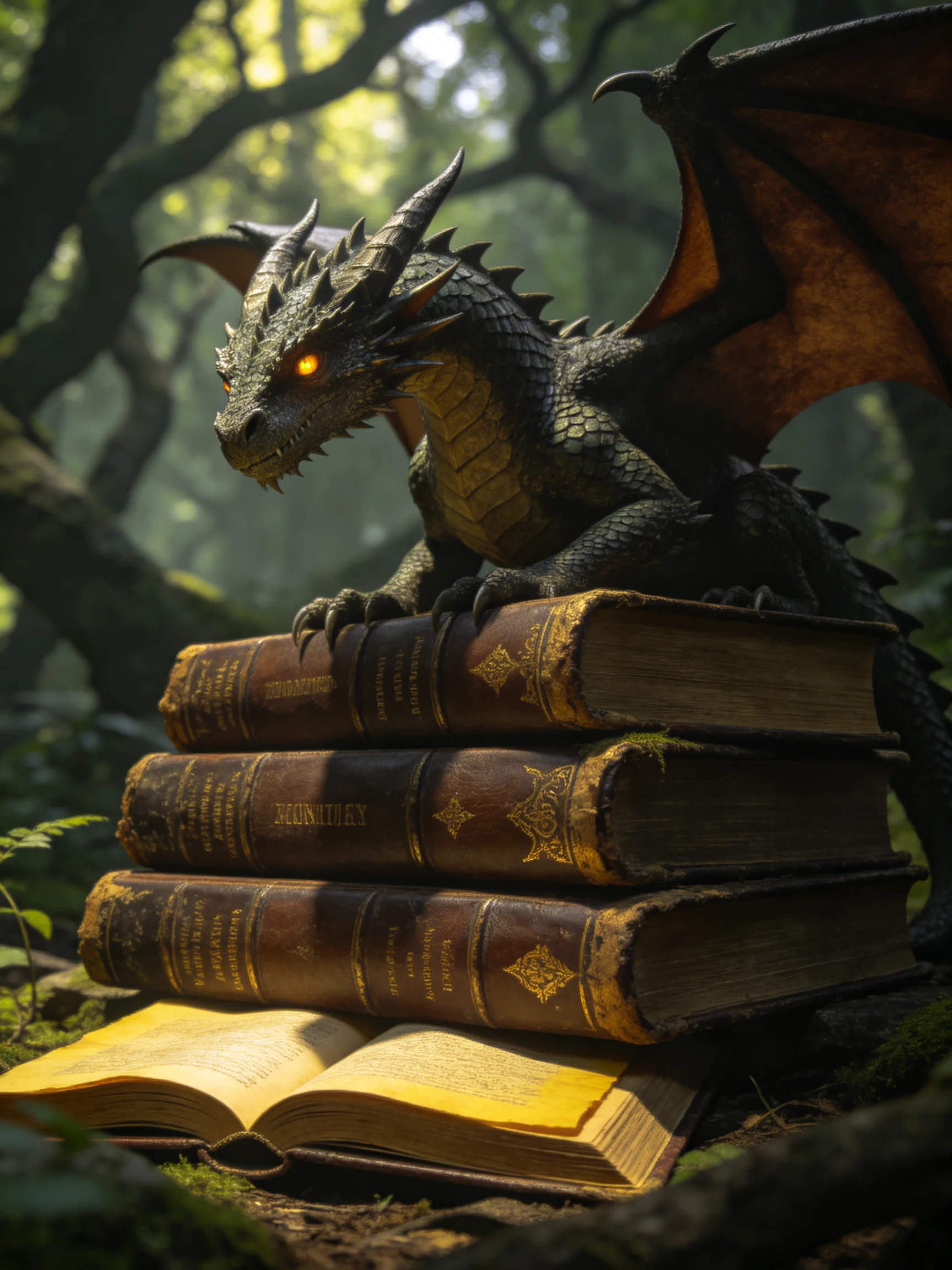 A small black dragon perched atop stacked antique brown books in a sunlit forest