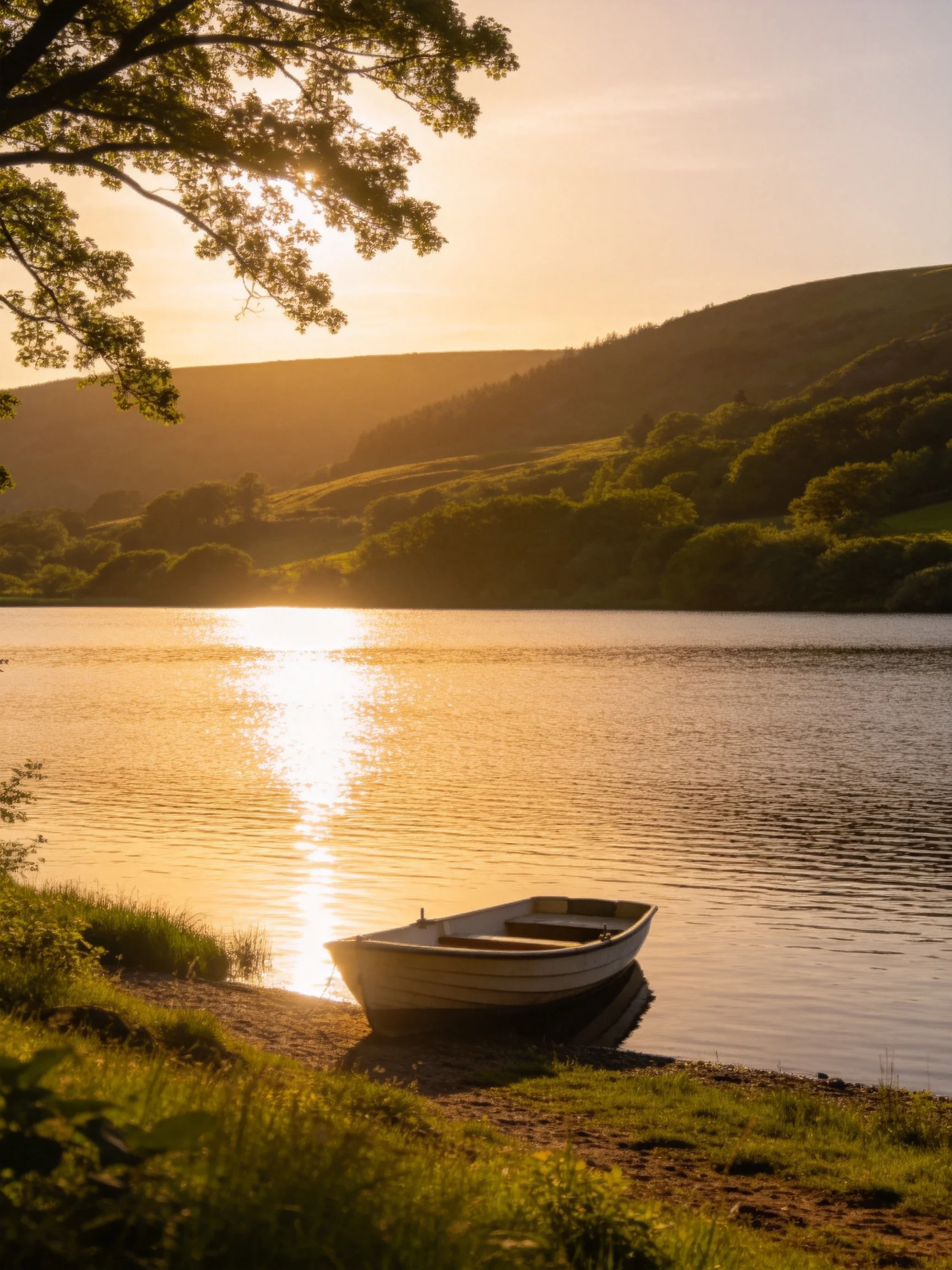 A small boat rests on a golden-lake shore at sunset