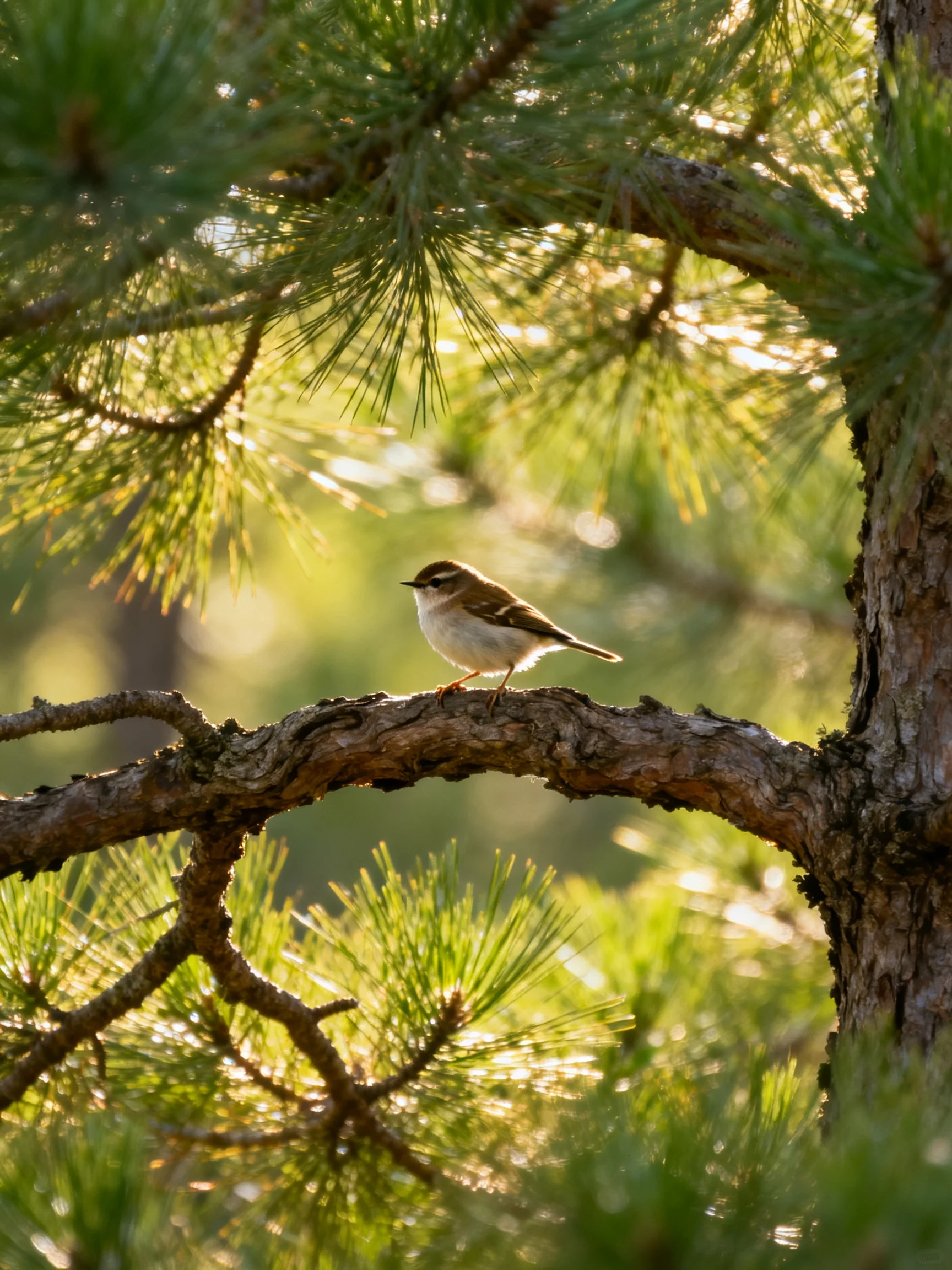 A small brown bird perches on a gnarled pine branch amid sunlit foliage