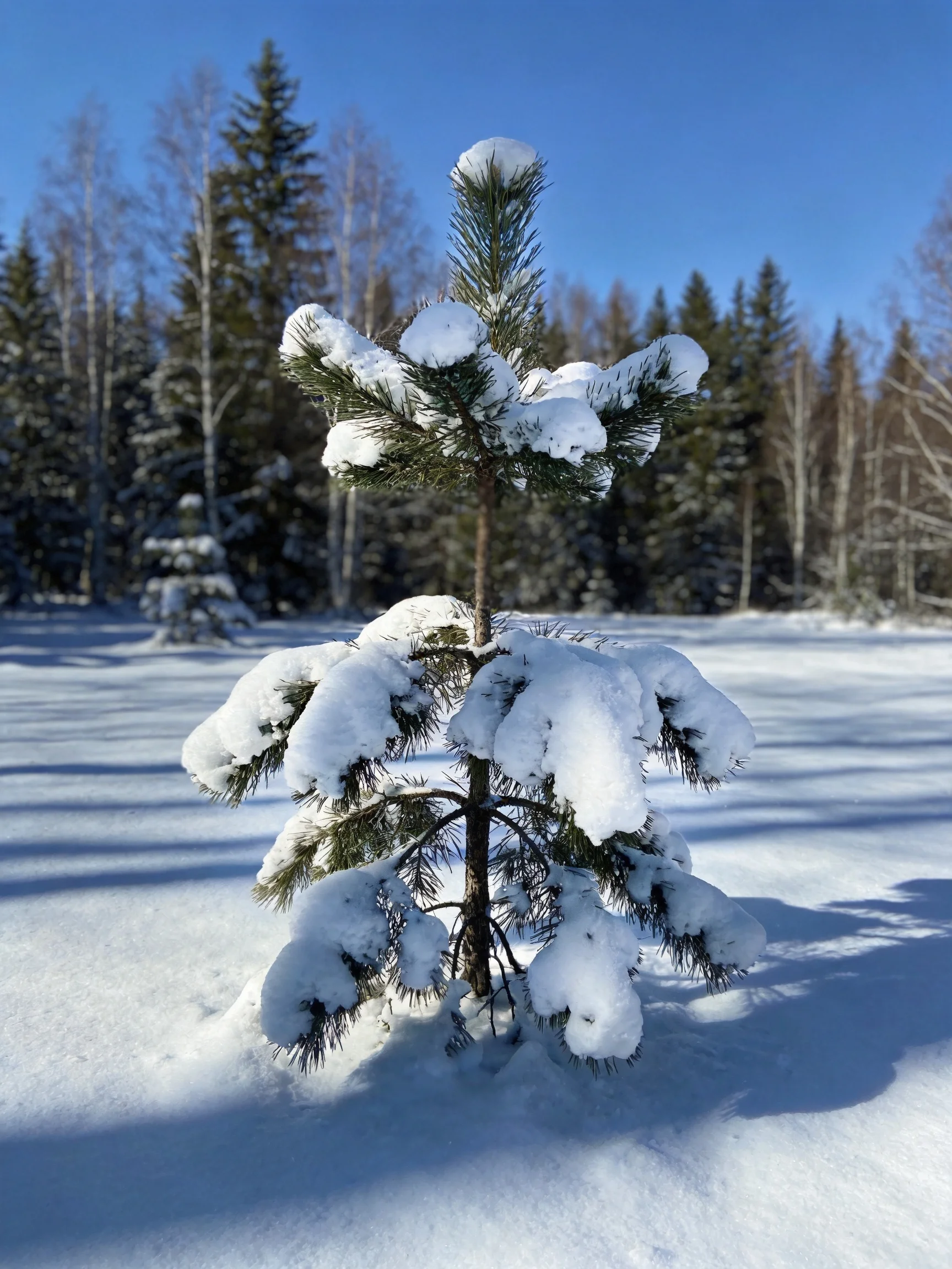 A small evergreen tree blanketed in snow amidst a wintry forest