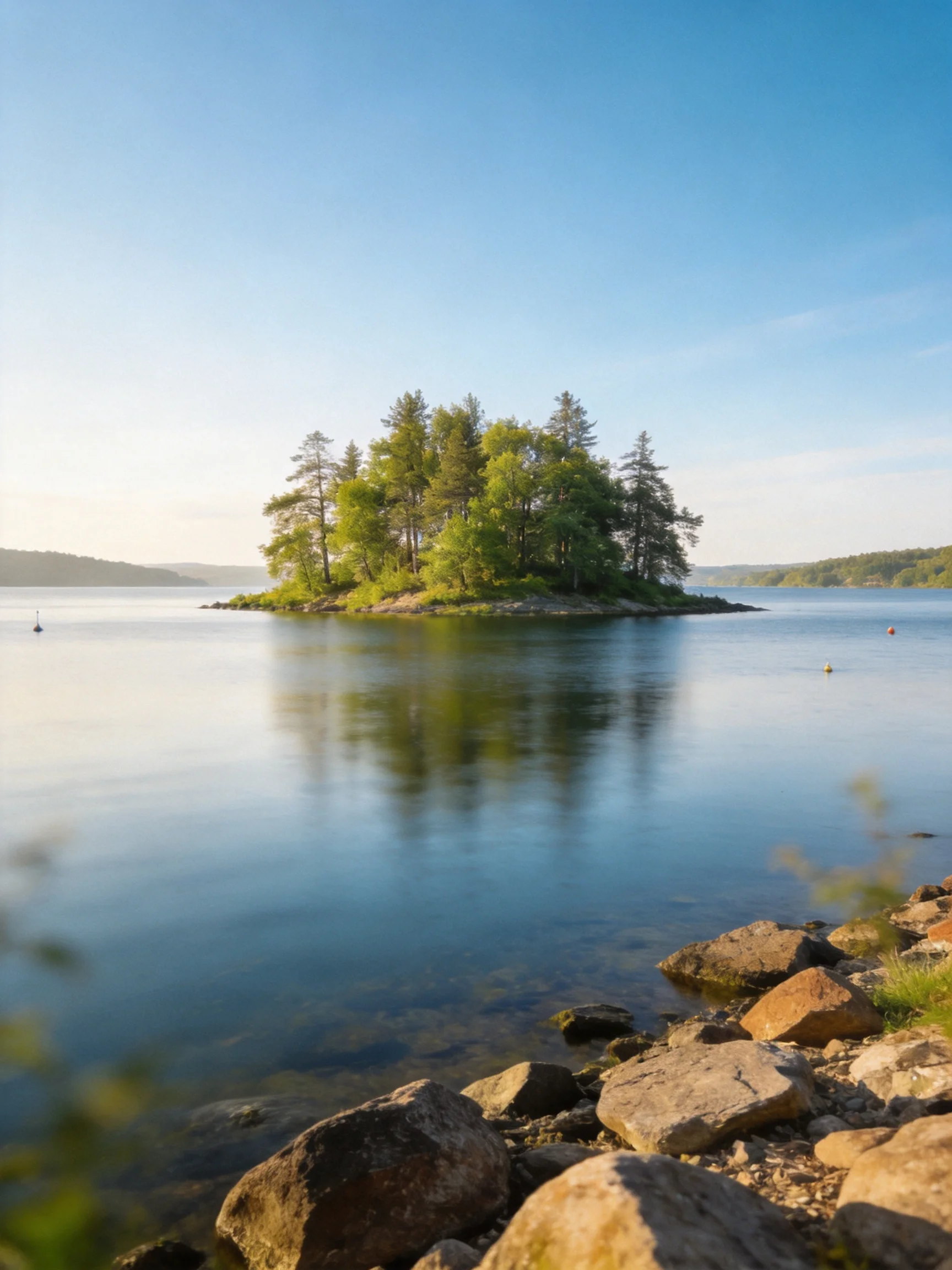 A small forested island in peaceful blue lake waters