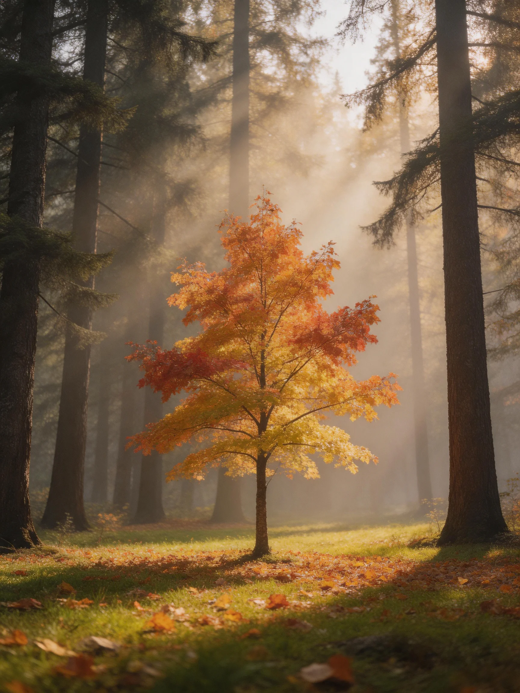 A small maple tree displays warm autumn hues among tall evergreen trees