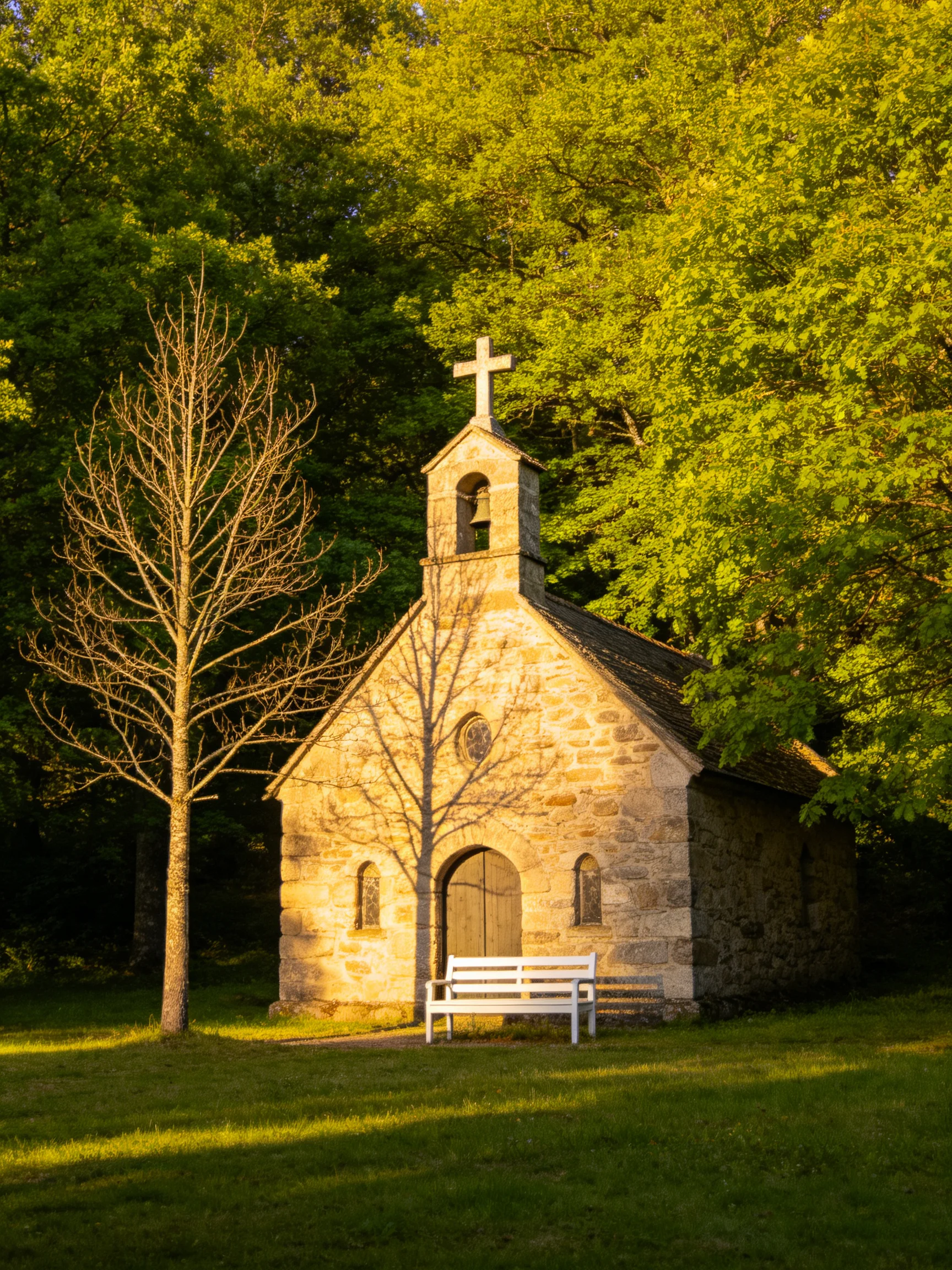 A small stone chapel with a cross, surrounded by lush green trees in golden light