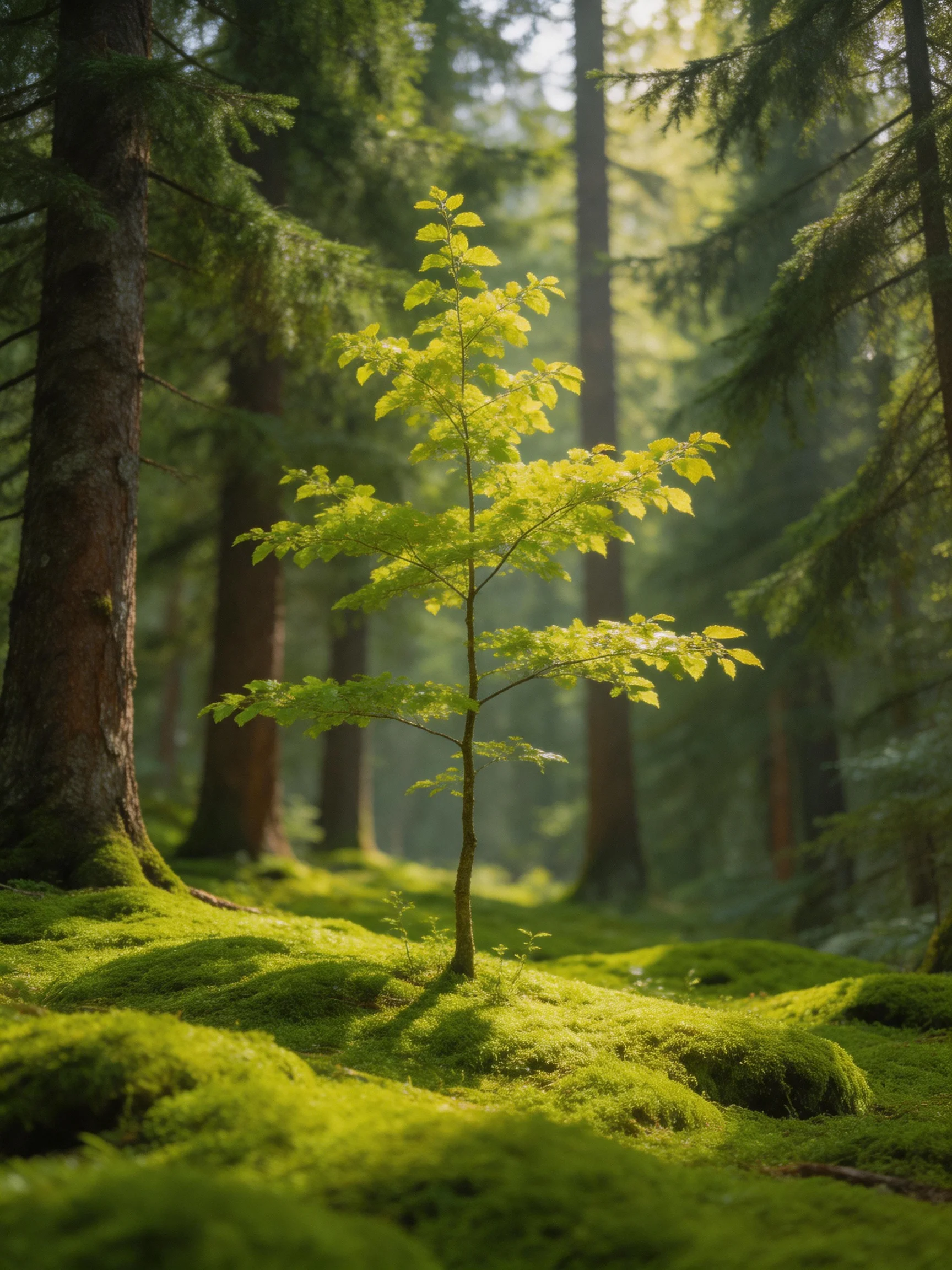 A small tree with bright green foliage grows among thick moss and tall forest trees