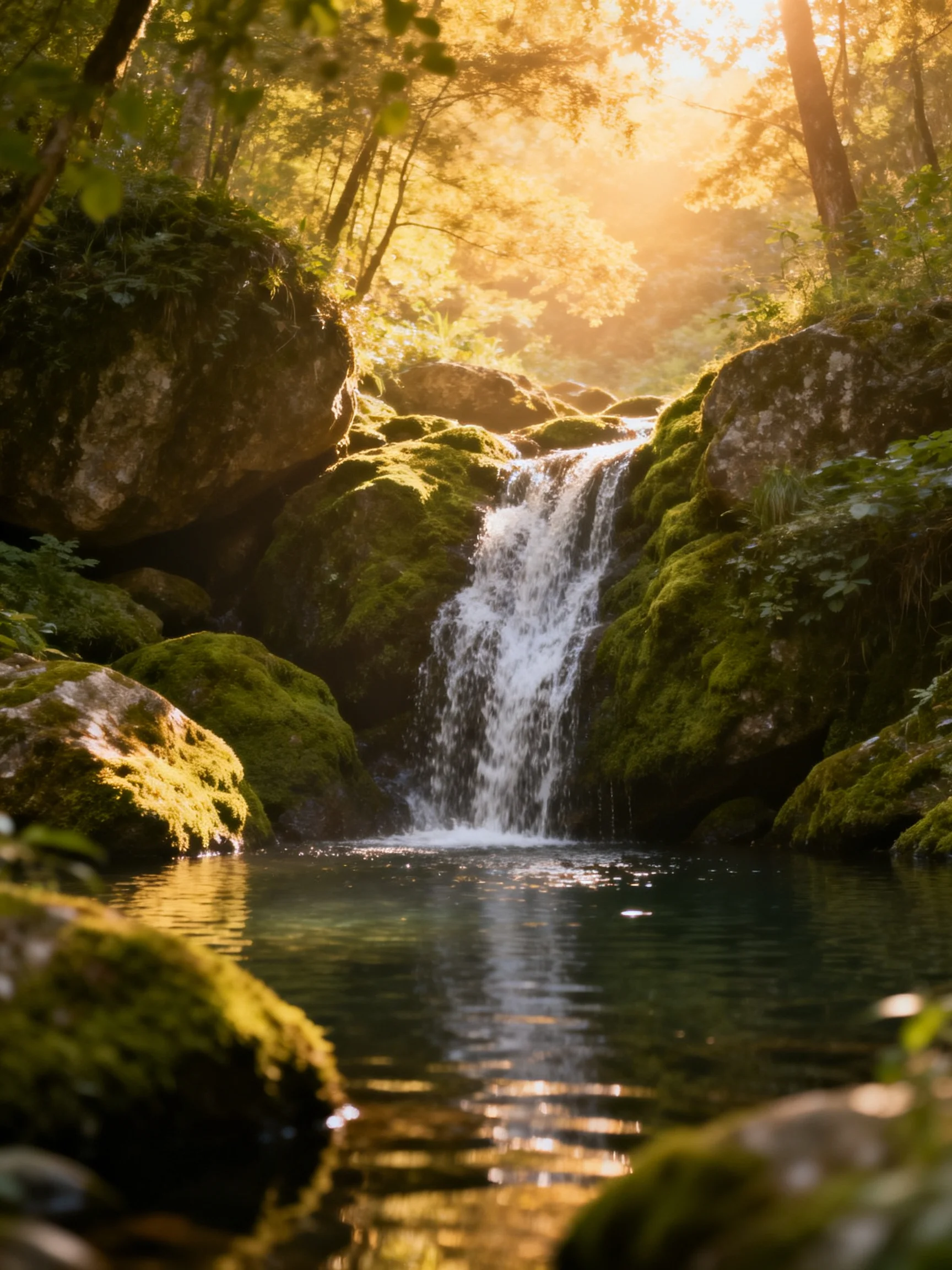 A small waterfall cascades over moss-covered rocks in a sunlit forest